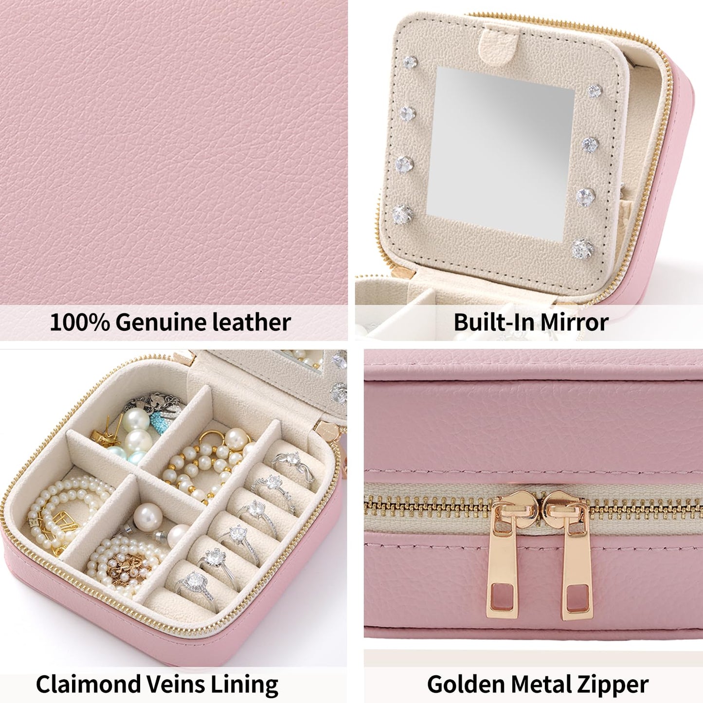 NGVRC Genuine Leather Travel Jewelry Organizer Case with Mirror for Women, Small Mini Portable Jewelry Box for Ring Earrings Necklace Bracelet Luxury Gift for Women（Lilac）