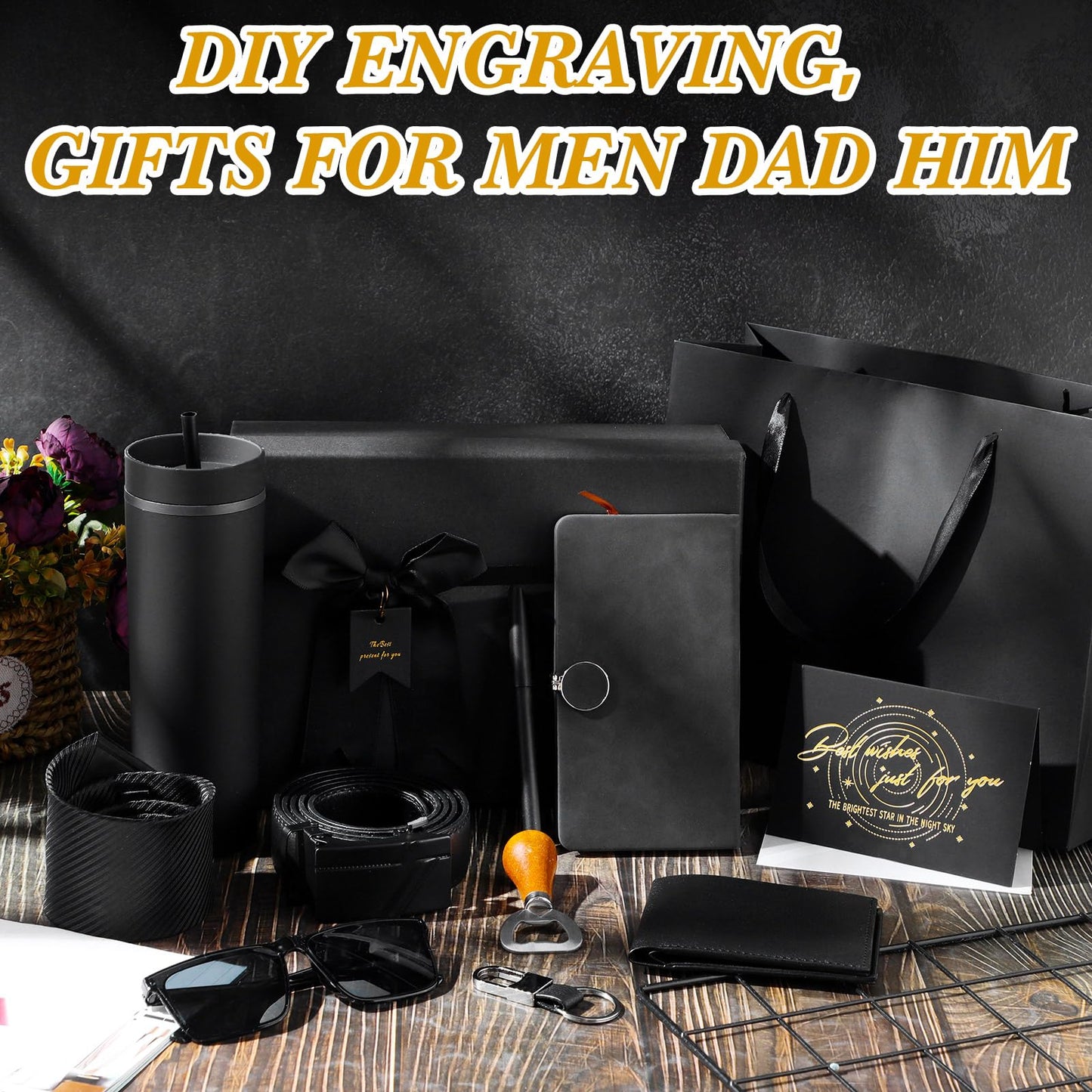 Tioncy 12 Pcs Birthday Gifts Set for Men Gift Box Baskets 16 oz Tumbler Wood Bottle Opener PU Leather Wallet Tie Belt Keychain Sunglasses Pen Journal for Dad Boyfriend Husband Brother