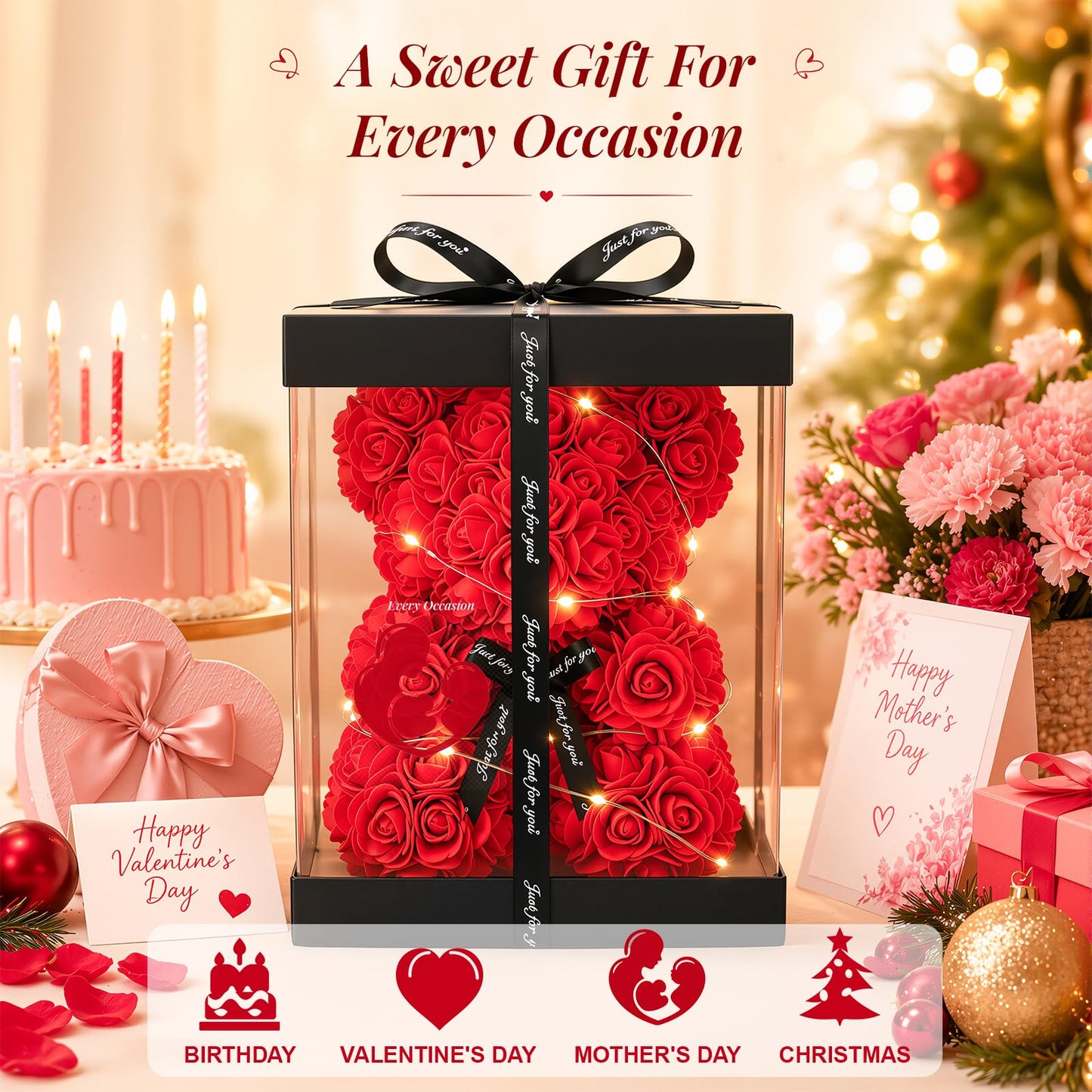 Otlonpe Bear Rose Flowers Light Up, Mothers Day Bear Gifts for Mom, Women Gifts Home Decorations for Christmas Valentines Mothers Day Birthday, for Her Mom Wife Girlfriend Daughter (Red)