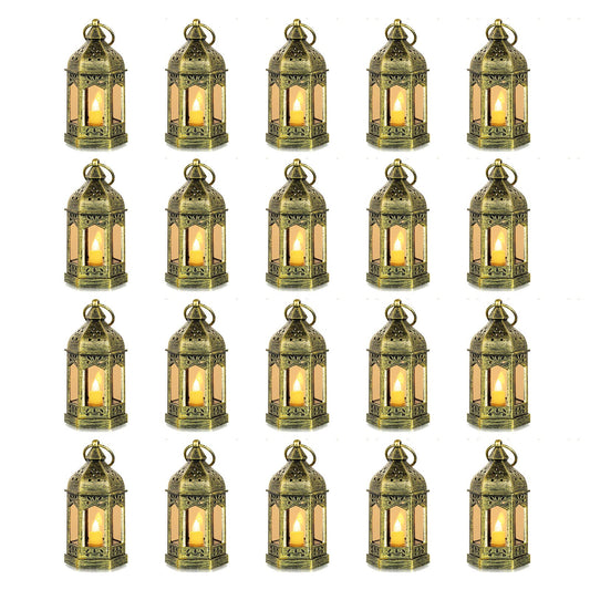 Mini Lanterns Decorative for Wedding Centerpiece - 20 Pcs Romadedi Hanging Small Gold Lantern Bulk with Flickering LED Candles for Halloween Decorations, Christmas Table Decor, Batteries Included