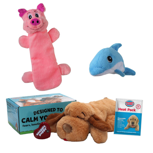 Snuggle Puppy Original, Dog Toy with Calming Heartbeat, Soothing Plush Companion Reduces Pet Anxiety, Includes Heat Pack & Batteries + 2 Tender-Tuff Dog Toys, Squeaker & Bottle Toy