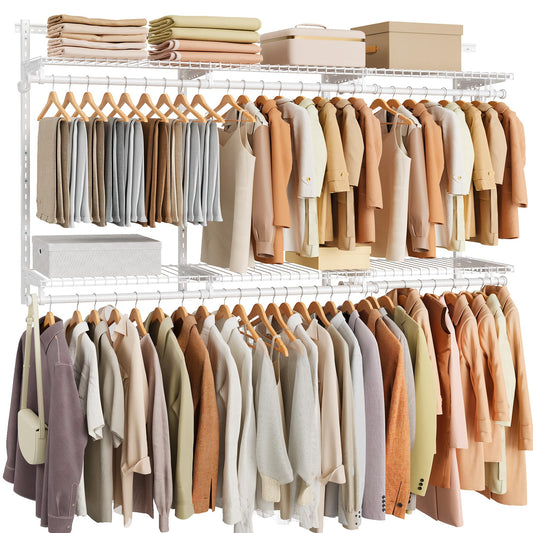 SONGMICS HOME Closet System, Closet Insert Organizer, 4-6 ft, Adjustable Metal Shelving Unit with 6 Hanging Rods, 6 Shelves, and Hooks, for Pantry Mudroom Garage Basement, Cloud White URGR032W01