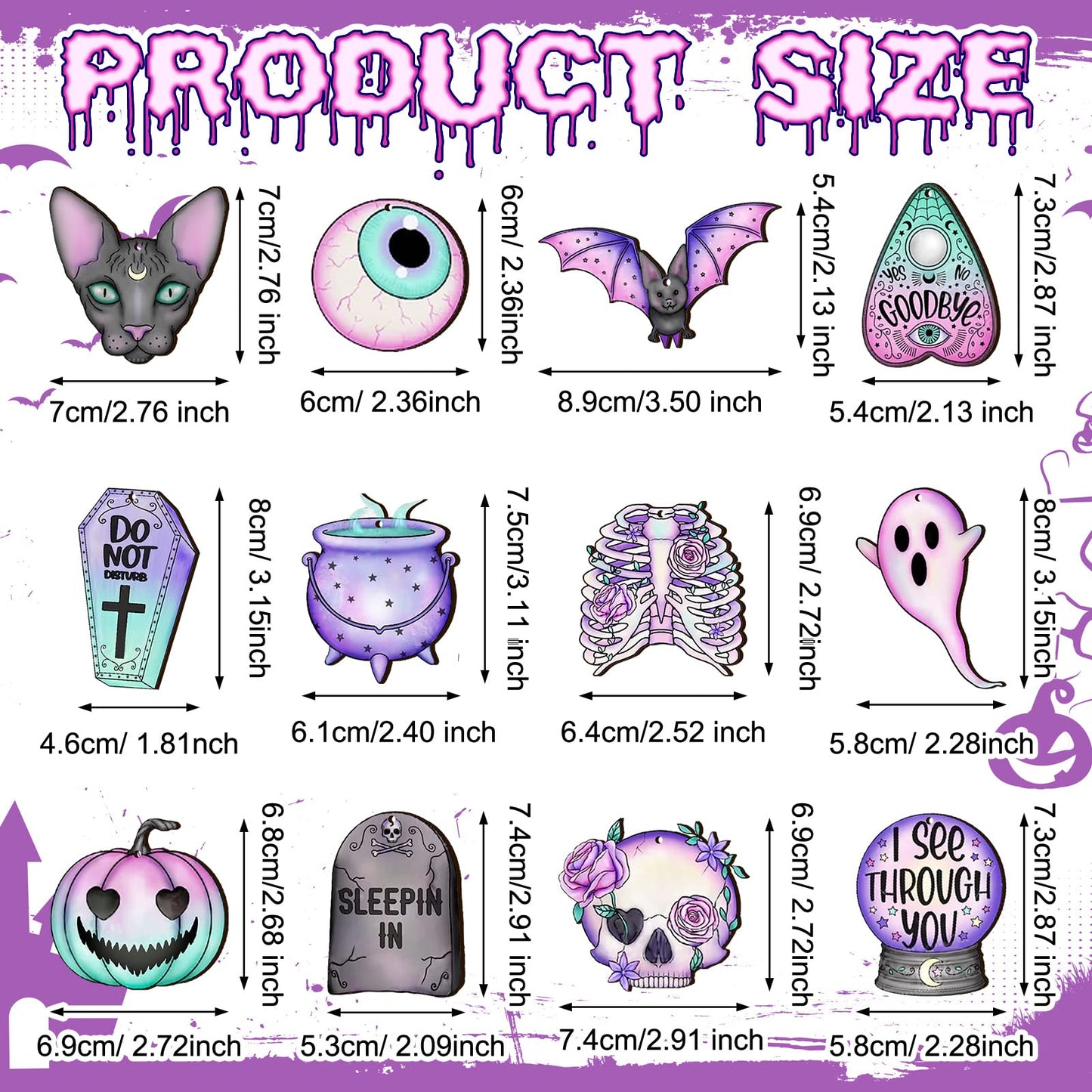 Maitys 36 Pcs Gothic Christmas Ornaments Wooden Horror Spooky Tree Ornaments Purple Pink Ghost Black Cat Skull Pumpkin Wood Cutouts with Rope Gothic Christmas Decor for Tree Home Wreath Party Gifts