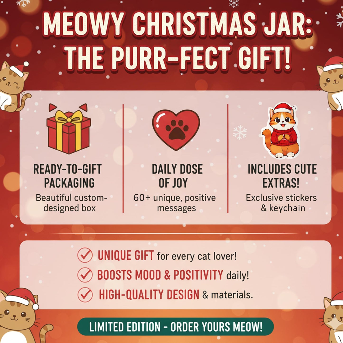 Meowy Christmas Jar with 60 Positive Cat Affirmation Cards, Gifts for People Who Love Cats, Cat Gifts for Women, Teens, Friends, Sisters, Emotional Support Cats, Christmas Gift Ideas Stocking Stuffers