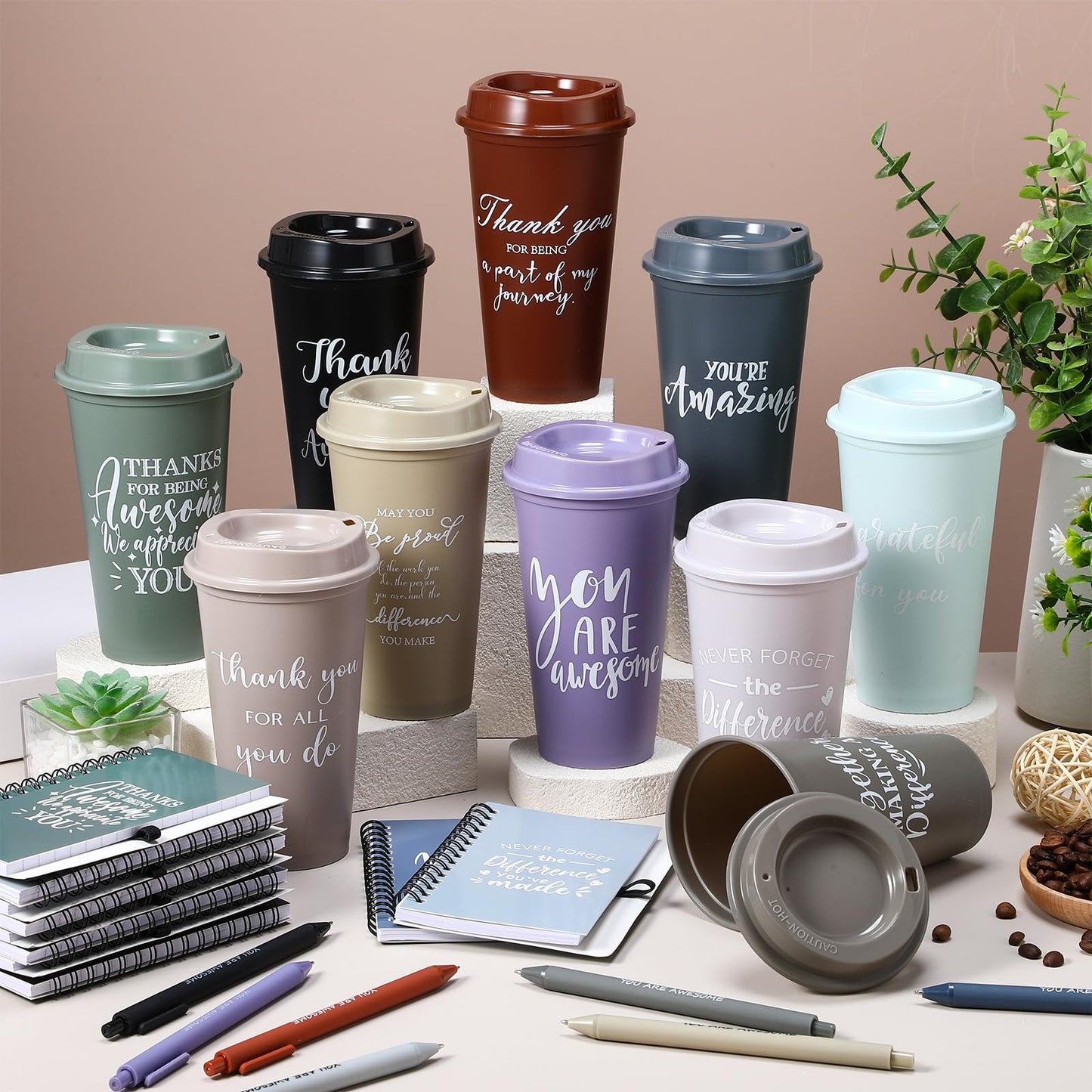 Teenyyou 60 Pcs Employee Appreciation Gift Set, 16oz Tumbler with Lid Notebook Pen Bulk Thank You Gift Holiday Party Favor for Teachers Office Coworker Teacher Staff Team (Dark Color,Classic Style)