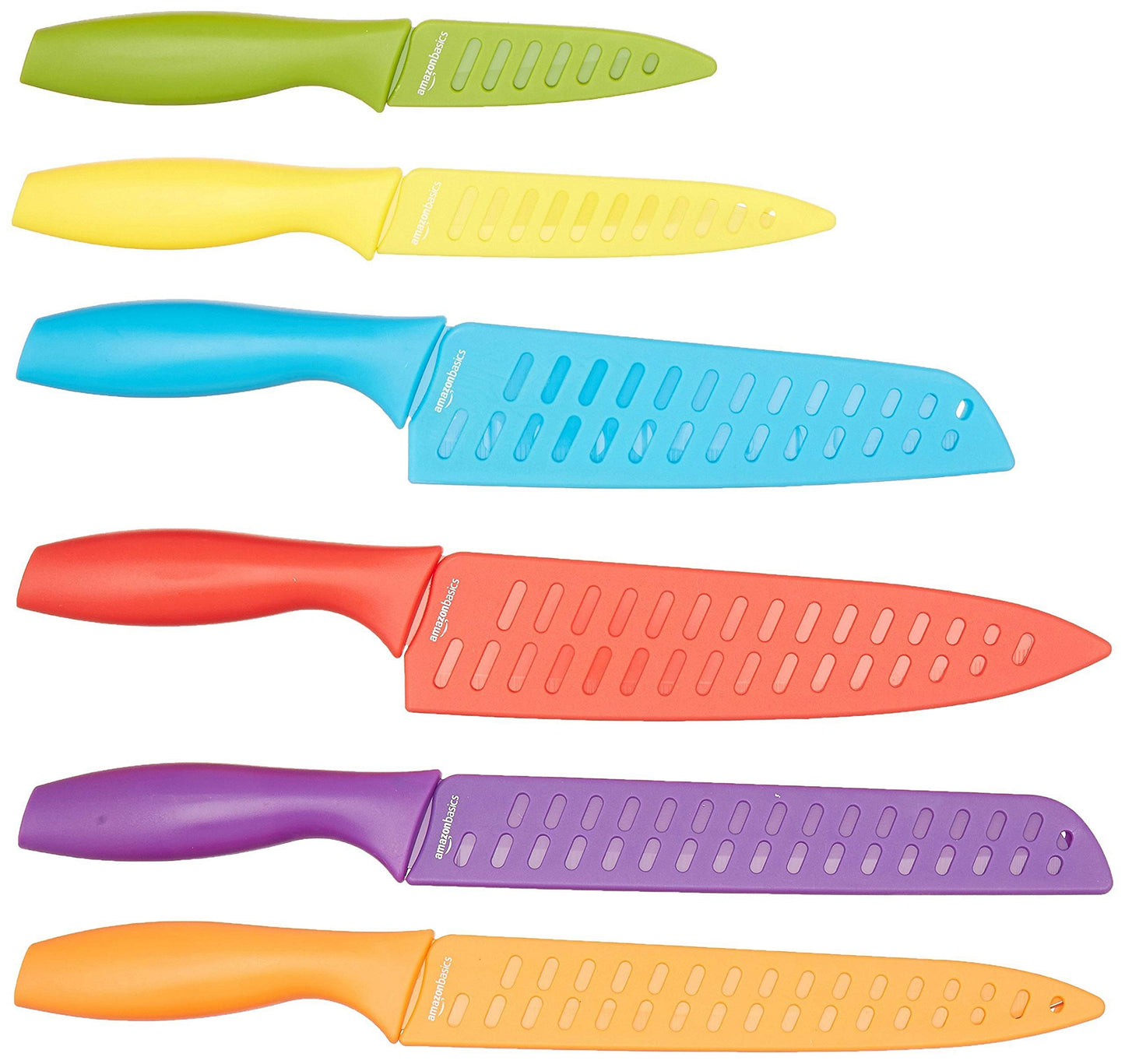 Amazon Basics Color-Coded Dishwasher Safe Kitchen Knife Set, 12-Piece with Ergonomic Handles, Non-stick Sharp Blades, 6 Knives with 6 Blade Guards, Multicolor, 13.88 x 4.13 x 1.38 inch