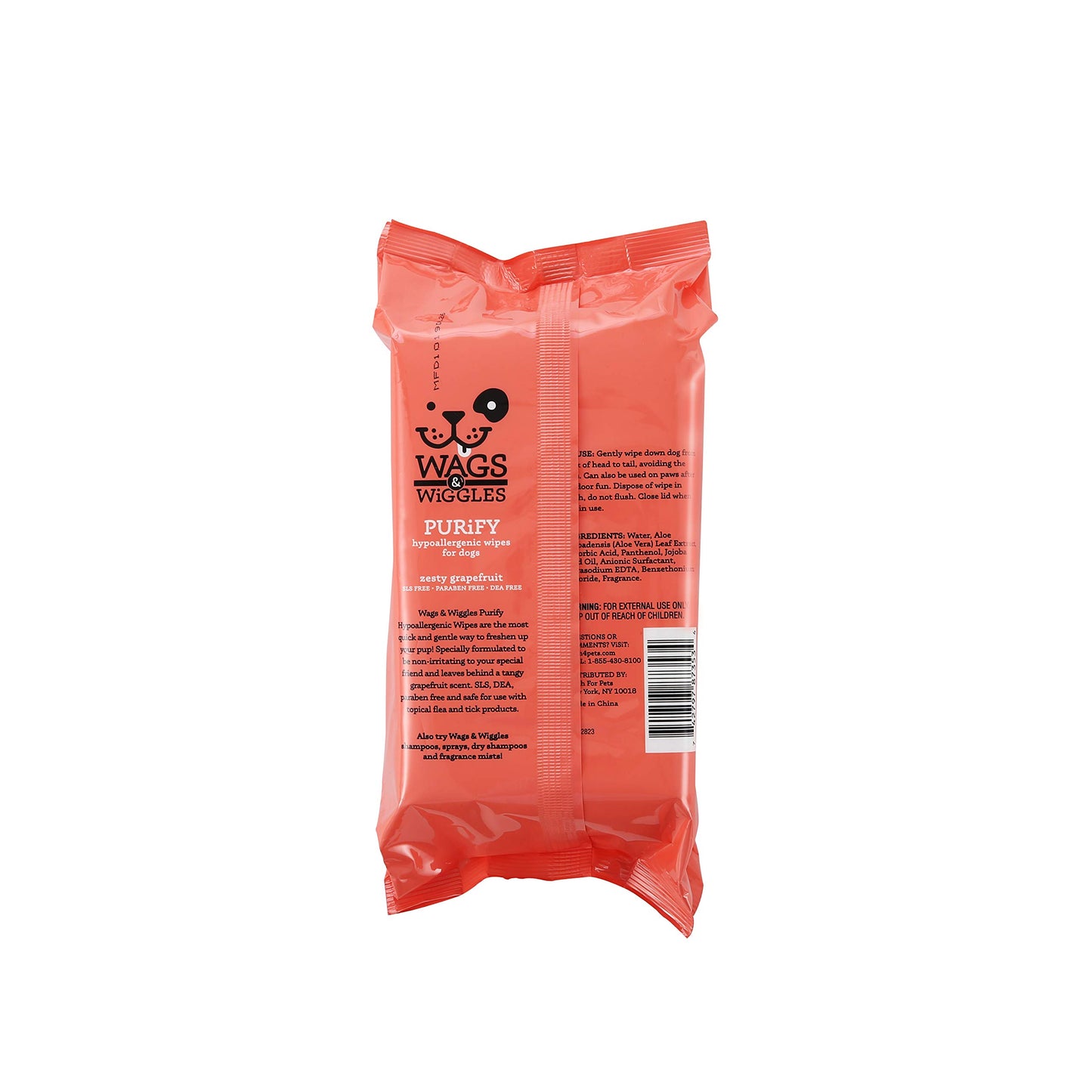 Wags & Wiggles Purify Hypoallergenic Dog Wipes for Sensitive Skin, Paw and Body Grooming Wipes with Gentle Plant Based Formula for Everyday Cleaning, Zesty Grapefruit Scent, 100 Count