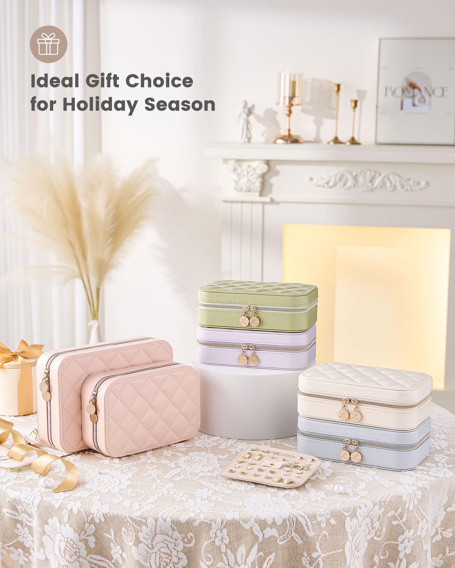 Lolalet Travel Jewelry Case for Women Girls, PU Leather Jewelry Organizer with Clear Storage Bag Small Portable Jewelry Box for Necklace Bracelet Earring Ring Mothers Day Birthday Gifts -Large/Beige