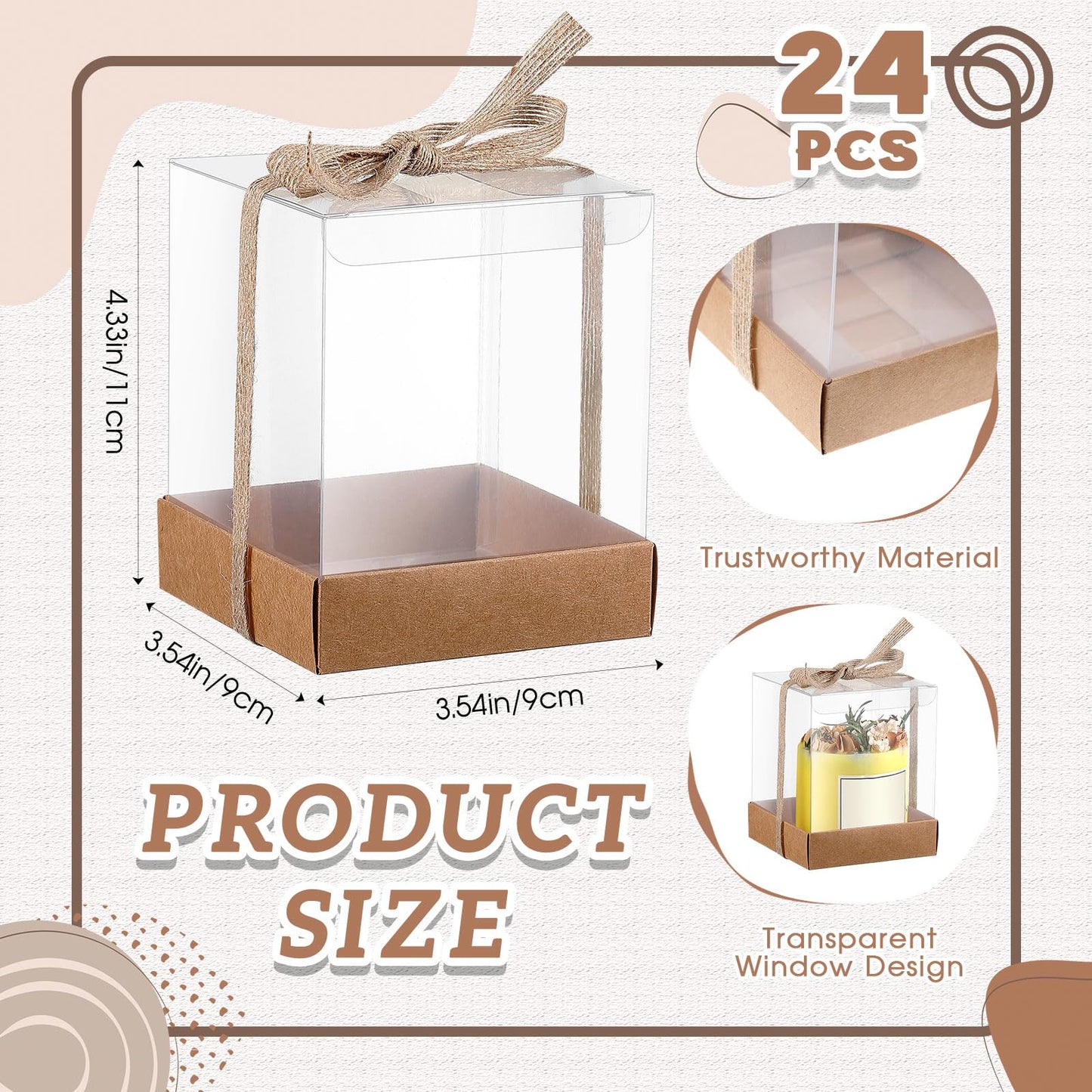 Cunno 24 Sets 3.5 x 3.5 x 4.3 in Candle Gift Package Valentine's Transparent Box 4-18 oz Handmade Tealight Candle Holder Paper Bottom Ribbon for Wedding Baby Shower Party Mug (Brown)