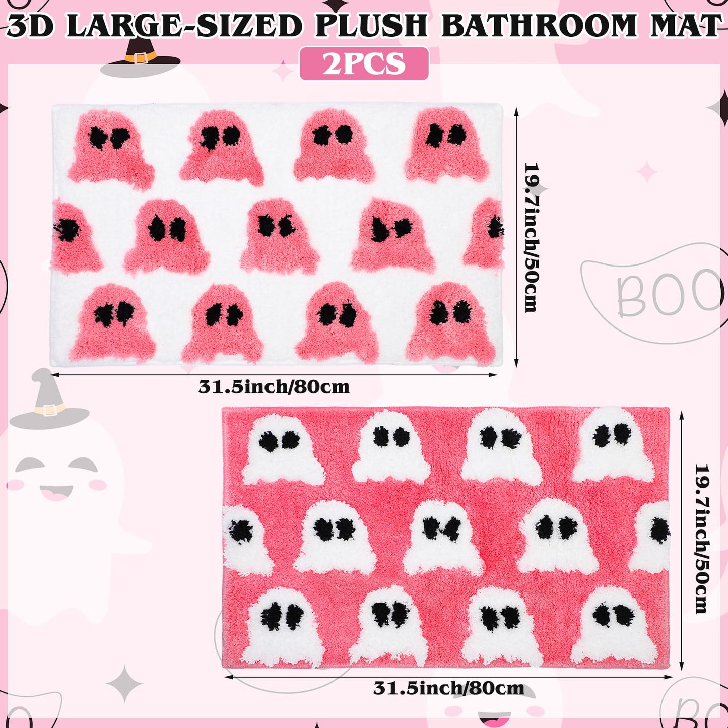 Tinideya 2 Pcs Gothic Bathroom Rugs Decor Pink White Ghost Bathroom Mat Gothic Rug Non Slip Front Door Mat Carpet for Bedroom Home Living Room Kitchen Floor Decor 31.5 x 19.7 Inch