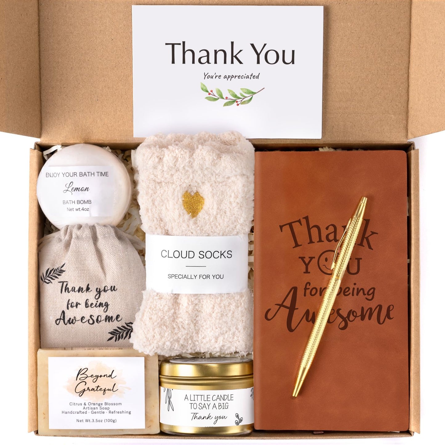 Thank You Gifts for Women, Appreciation Gift Box for Coworkers, Teachers, Nurses, Employee Appreciation Gifts w/ Notebook, Candle, Socks, Relaxation Thank You Spa Gift, Brown