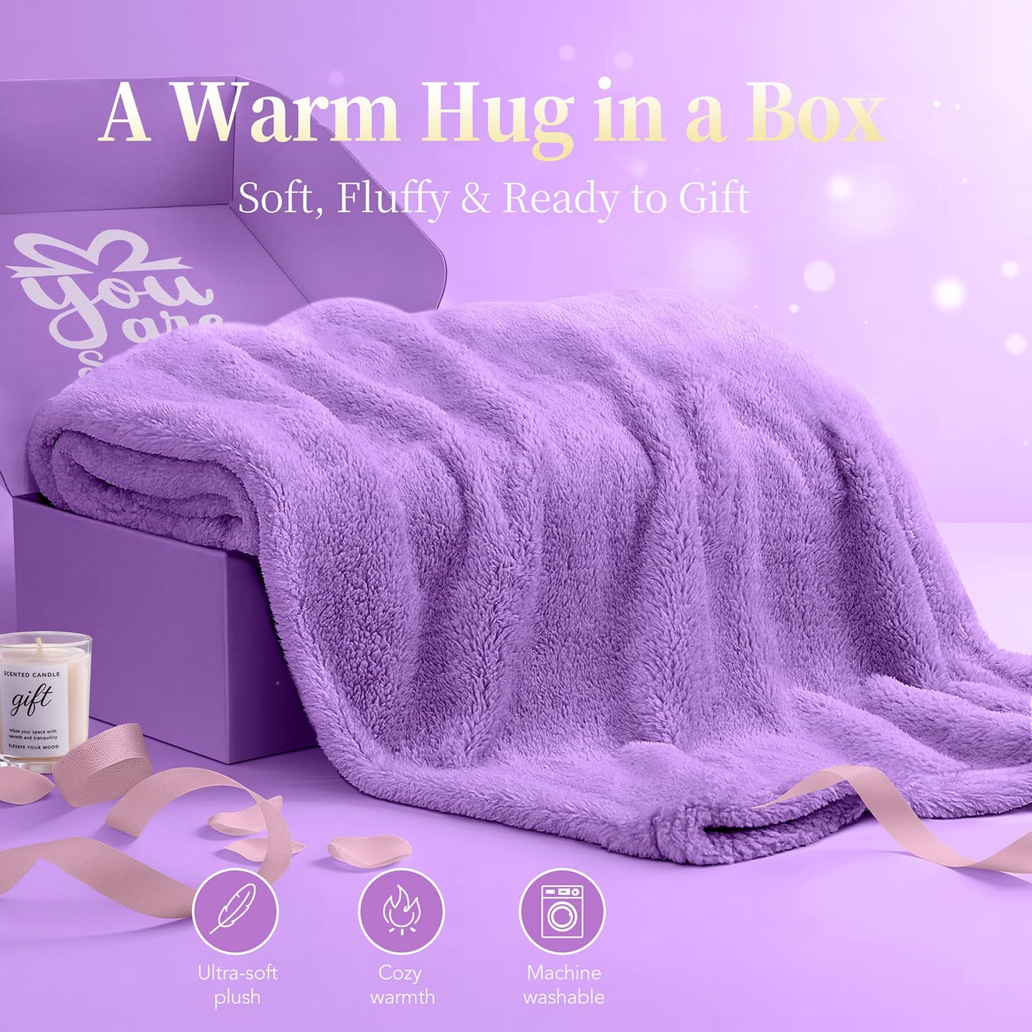Birthday Gift for Women - Luxury Spa Self Care Kit for Her - Perfect Birthday Gifts for Wife Mom Girlfriend Sister - Relaxing Spa Experience with Blanket Candle Bath Bomb Tumbler - Purple Gift Box
