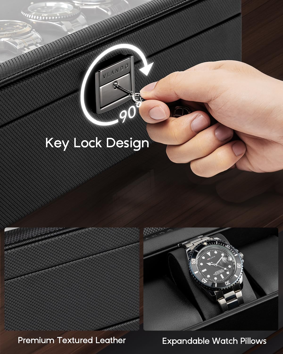 Vlando 6-Slot Watch Case for Men, Watch Box with Glass Lid, Storage for Rings, Keys, Business Textured Leather Organizer Display Case, Soft Pillow, Gifts for Fathers, Dad, Husband - Black