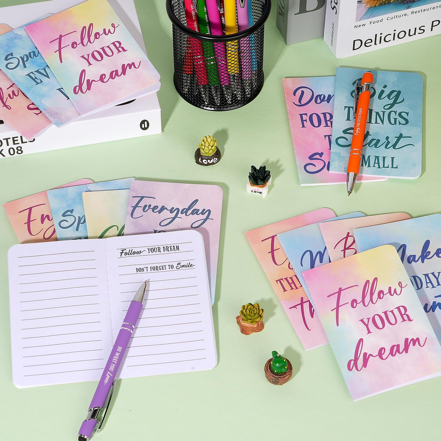 48 Pcs Watercolor Bulk Motivational Pens Inspirational Notepads Set, Pocket Motivational Quote Notebooks Ballpoint Pens, Mini Journals Gift Set for Kids Students Teachers School Office Prizes Supplies