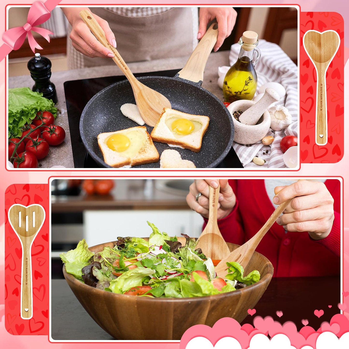 Bamboo Heart Shaped Spoon for Cooking - Wooden Cook with Love Spoon Kitchen Utensils, Mother's Day Gifts for Grandma Mom Couple Wife Hostesses House Warming, 2Pcs
