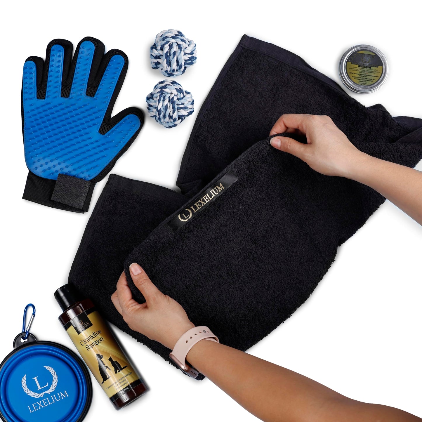 Travel & Grooming Gift Kit for Dogs/Cats - Comes with Vet-Approved Shampoo & Paw Balm, Towel, Grooming Glove, Silicone Bowl, and 2 Rope Toys