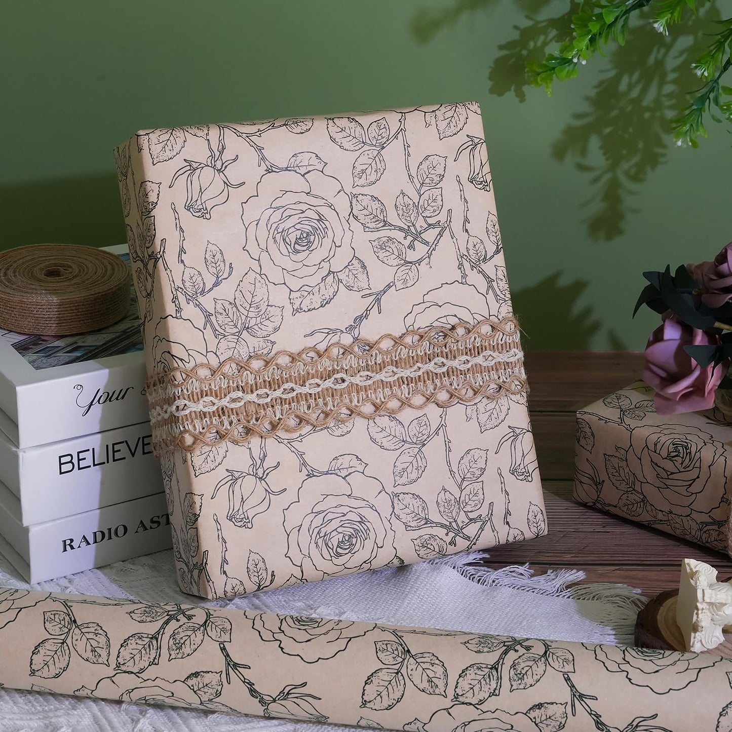 Kraft Floral Wrapping Paper Roll, Vintage Rose Wrapping Paper, Rose Print Design, Brown and Black Kraft Gift Wrap Paper for Birthday Mother's Day Bridal Shower Baby Shower Wedding, 17Inch×33Feet