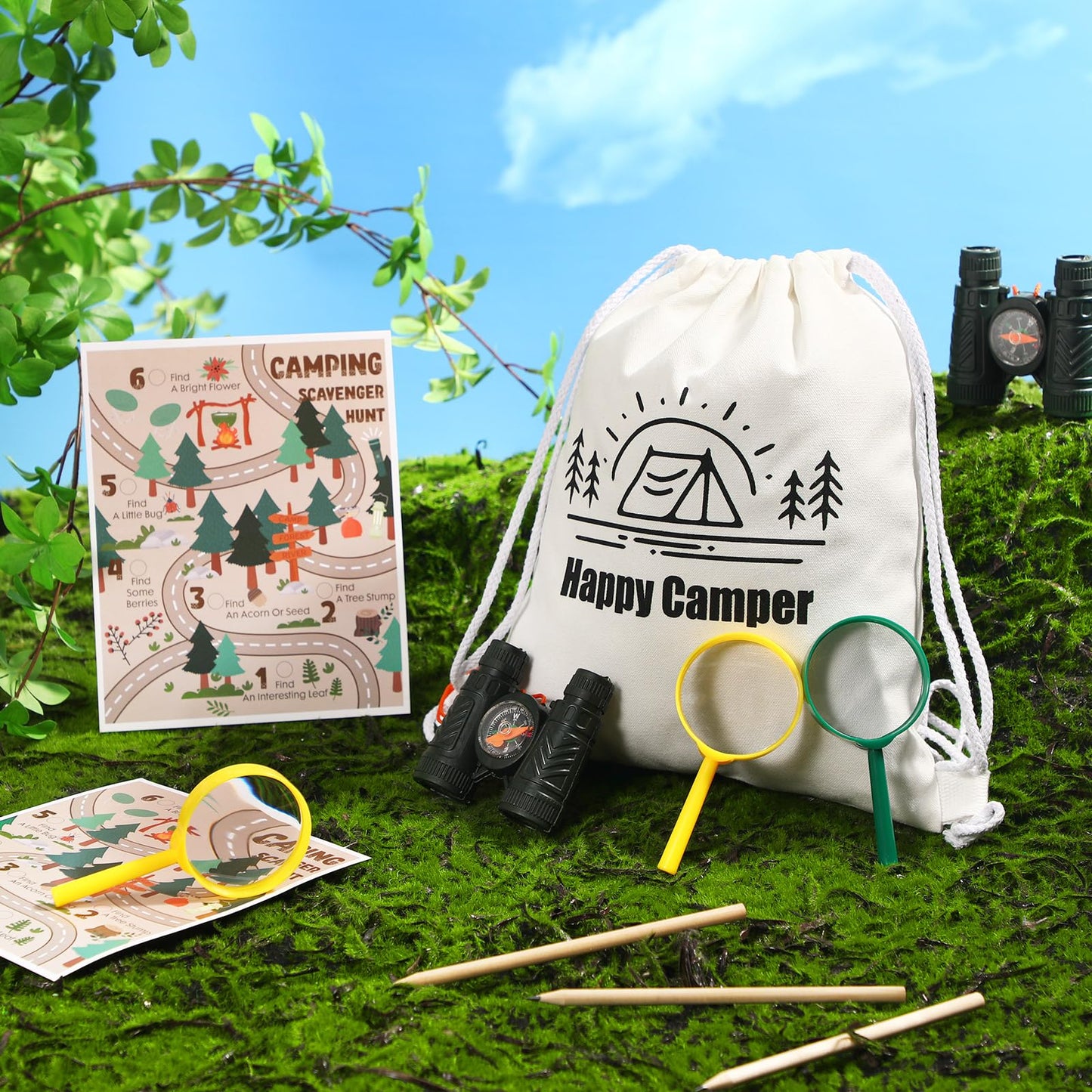 HyDren 8 Sets Camping Party Favors for Kids Safari Party Favors with 8 Camping Scavenger Hunt Cards 8 Canvas Gift Bags 8 Binocular Toys 8 Magnifying Glass 9 Pencils Outdoor Exploration Kit