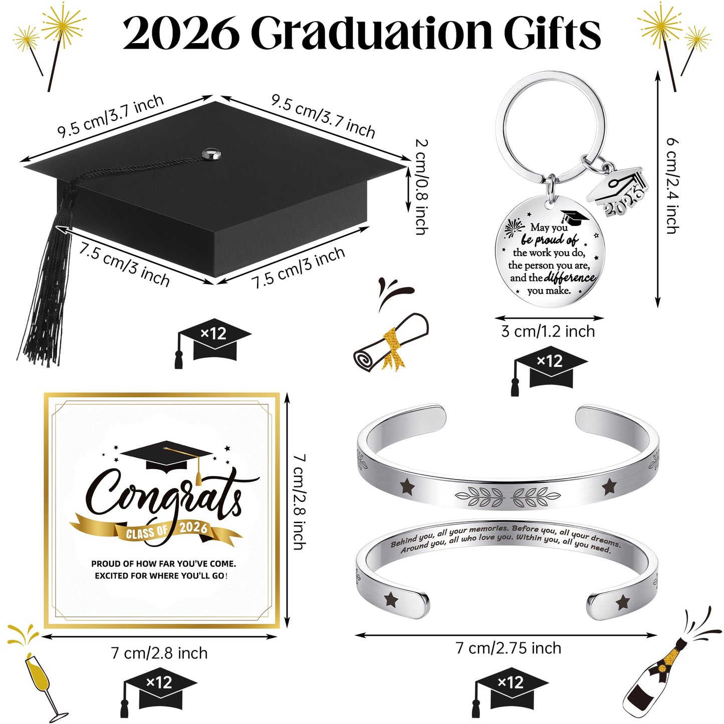 Aneco 12 Set 2026 Graduation Gifts for Classmates Grad Cap Box Unisex Bracelets Gift Bags Keychain Grad Card for Senior Night Gifts College or Junior High School Class Graduated Student