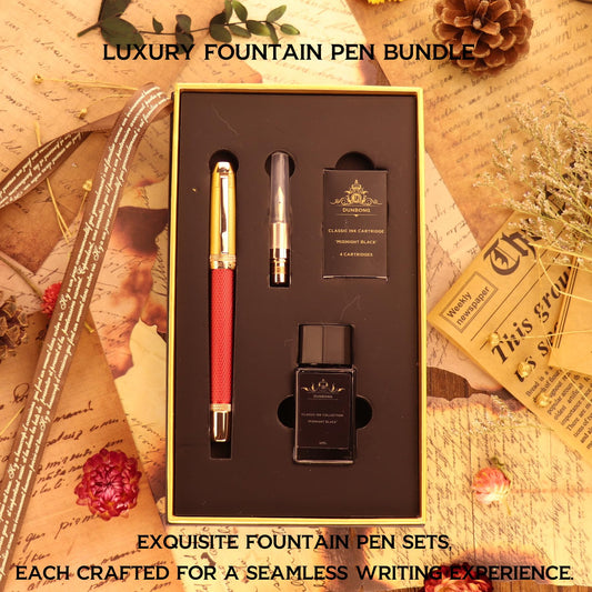 DUNBONG Luxury Fountain Pen, Aureate Gold Powder Finish, Gold Plating and Red Lacquer, Intricate Engraved Pattern, Gilded Medium Nib, Refillable Ink Converter, Luxury hard Gift Box(lion)