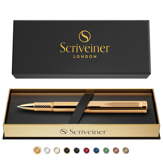 Scriveiner Heavy Gold Rollerball Pen, Award Winning Luxury Pocket Pen with gold plating Finish, German Schmidt Refill, Best EDC Writing Gift Set for Men & Women, Nice Fancy