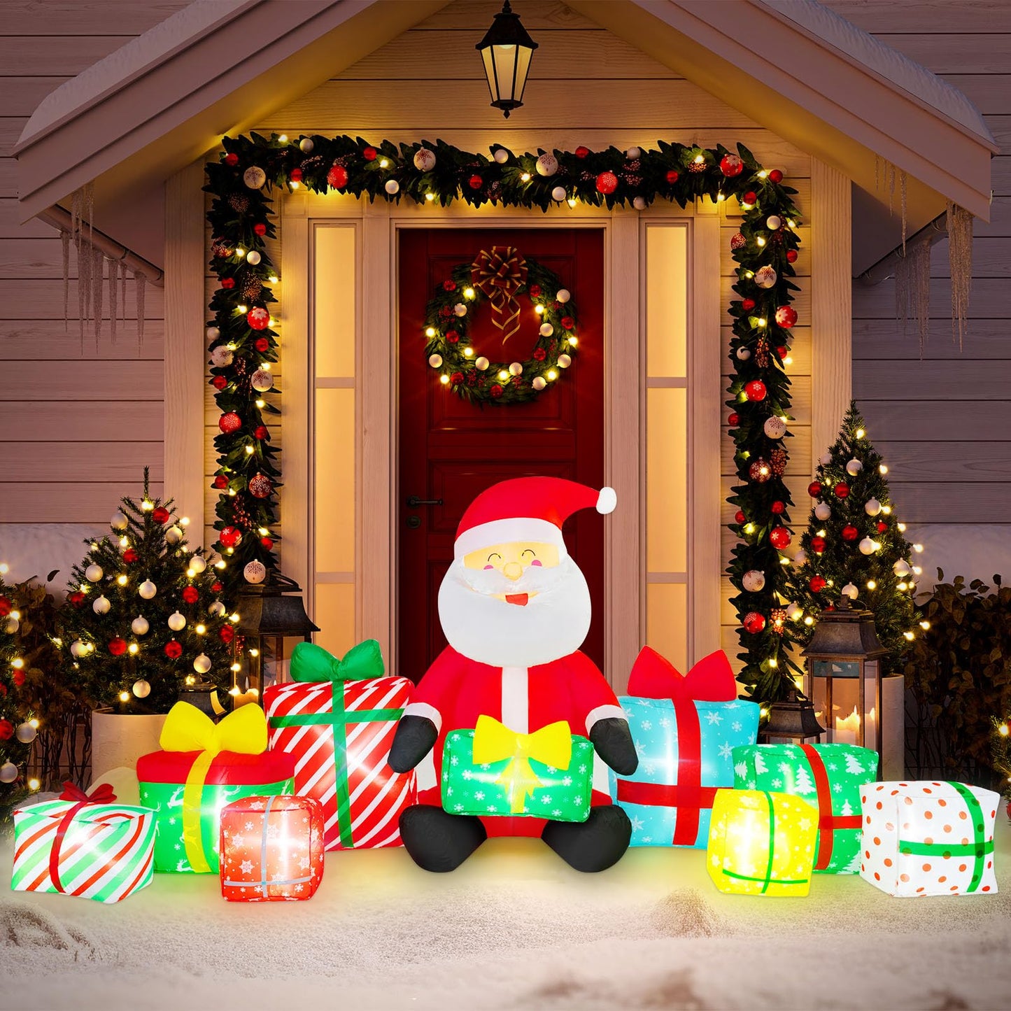 10 Ft Long Christmas Inflatable Santa Claus Giant Gift Boxes with LED Lights Santa Claus Gift Inflatable Decoration Built in Automatic Blowers for Xmas Outdoor Indoor Yard Garden