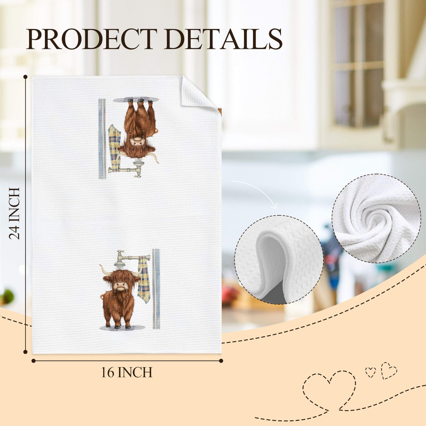 LADOCK Funny Highland Cow Bathroom Hand Towels, Highland Cow Gifts for Women, Humor Farm Animal Heifer Decorative Hand Towels for Bathroom Washroom Restroom, 16x24 Inch Set of 3