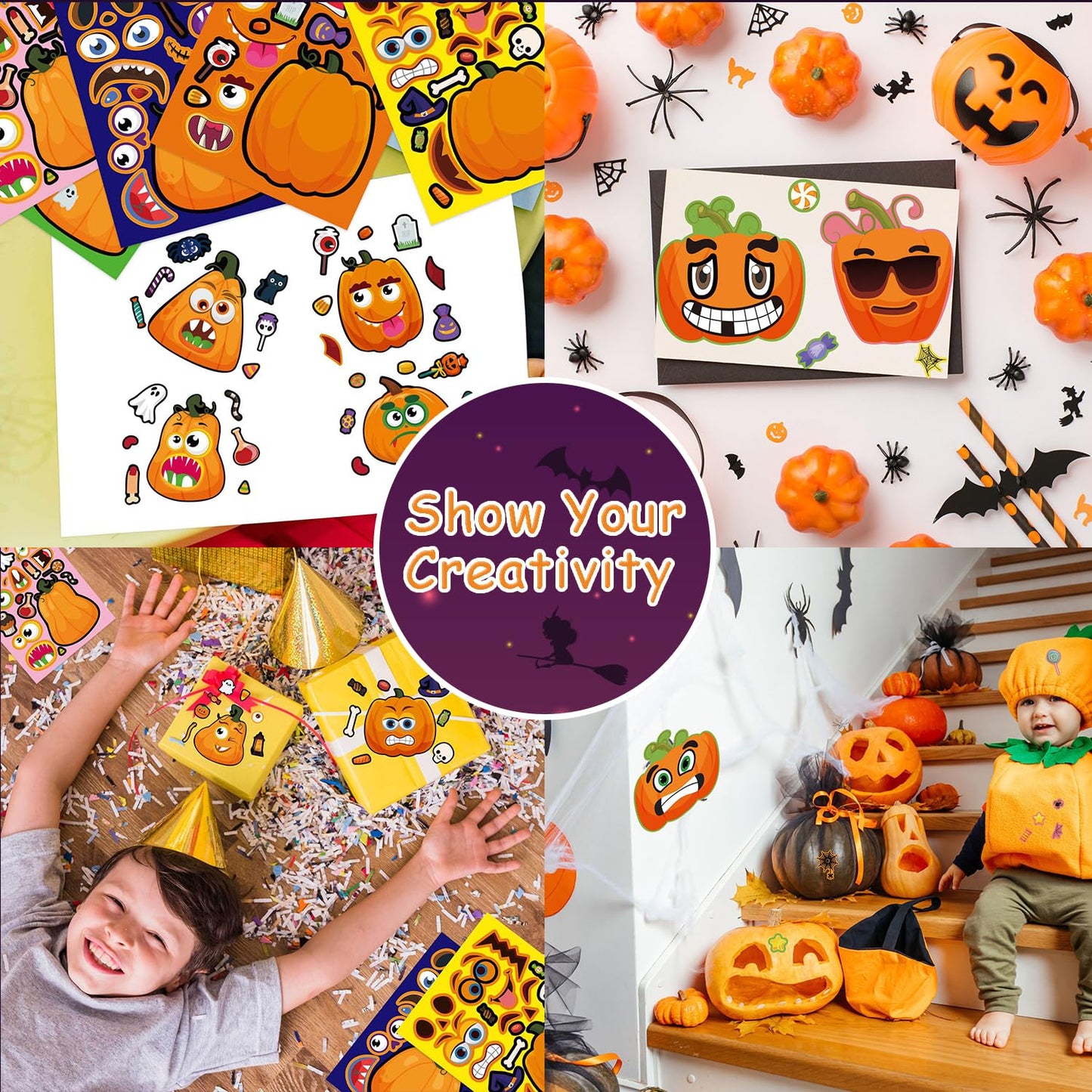 56 Sheets Halloween Pumpkin Make a Face Stickers for Kids - 14 Different Pumpkin Designs - Fun Halloween Party Favors Crafts Games & Activities Supplies