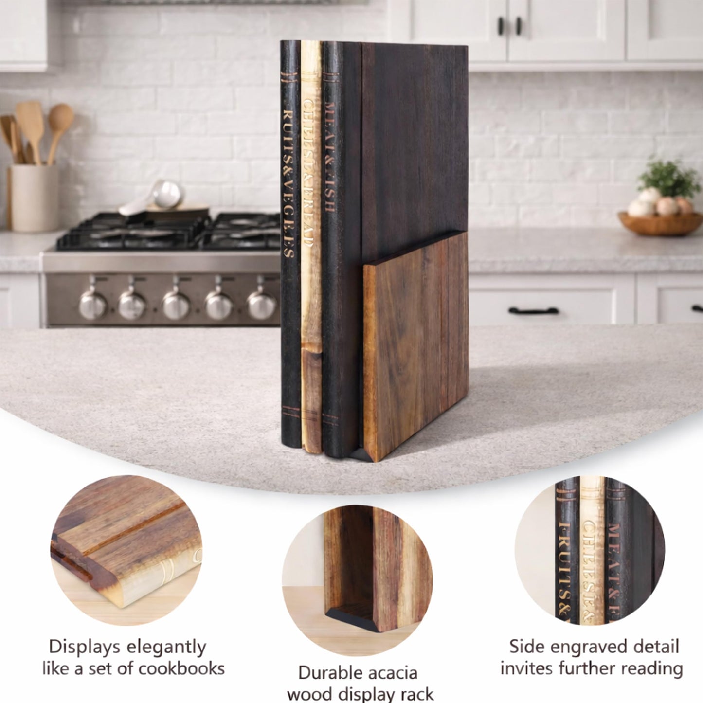 FUSAHURIY Australia Acacia Wood Book-Style Cutting Boards with Stand, Set of 3 Kitchen Boards for Hands-Free Recipe Viewing, First-Time Cooking, Breakfast Prep, Family Cooking and Housewarming Gift