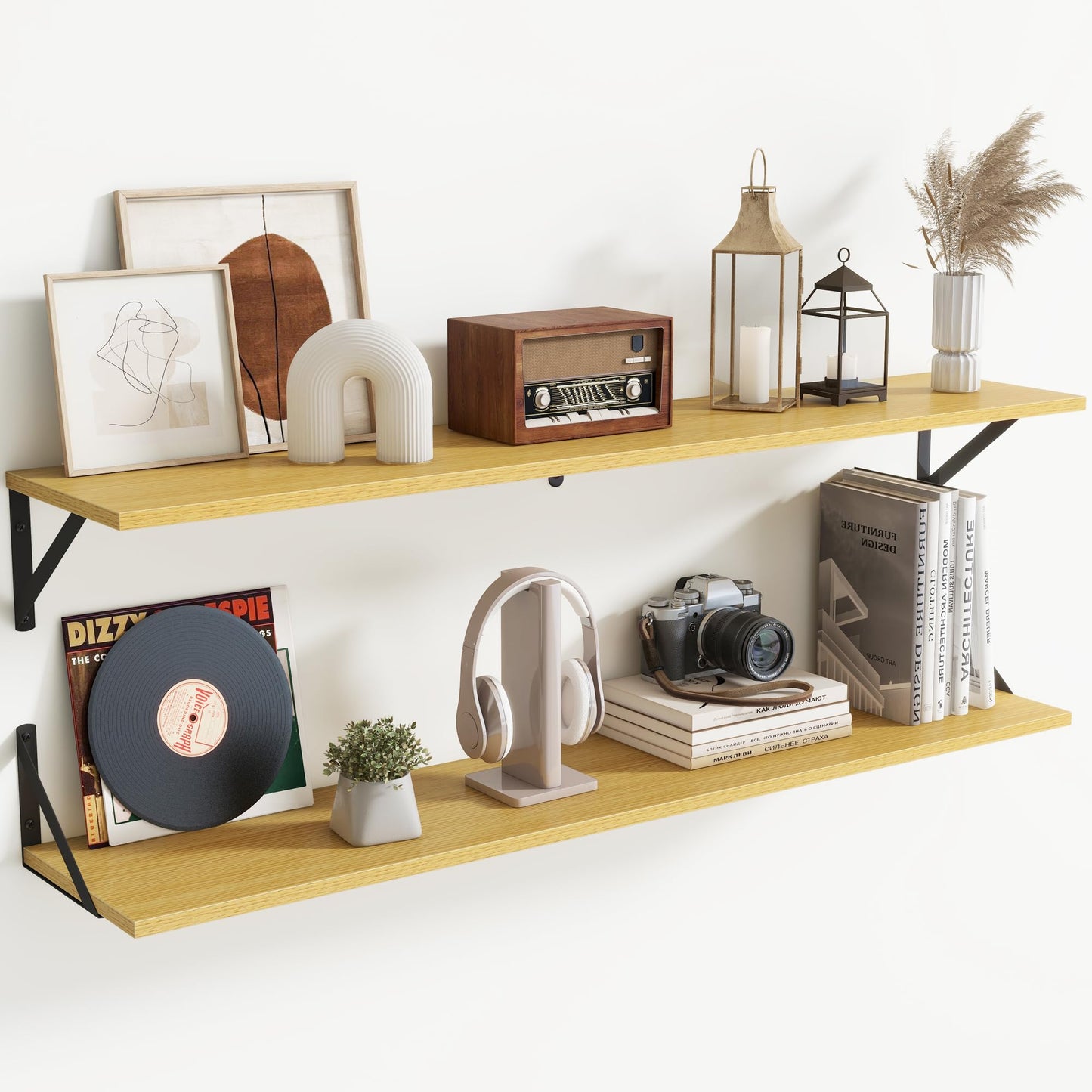 Acovy Floating Shelves for Wall,48" Wx8 D Wood Wall Shelves,Hanging Storage Floating Shelf with Metal Brackets,Wide Floating Bookshelf for Living Room,Office,Bedroom,Bathroom,Set of 2,Oak