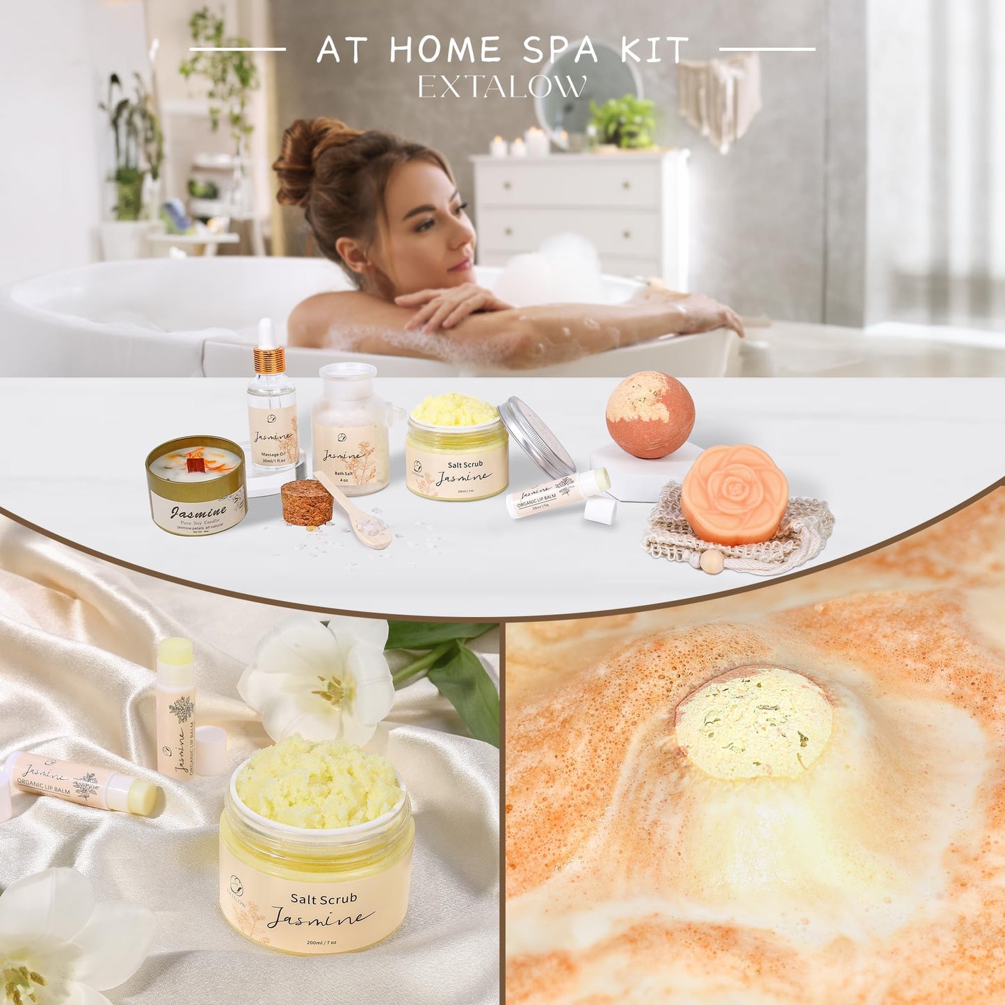 EXTALOW Spa Gifts for Women Mothers Day Gifts Jasmine Bath Gift Baskets Relaxing Self Care Gift for Mom Girlfriend Sister Wife Auntie Home Bath Care Package Thank You Birthday Gift Friendship
