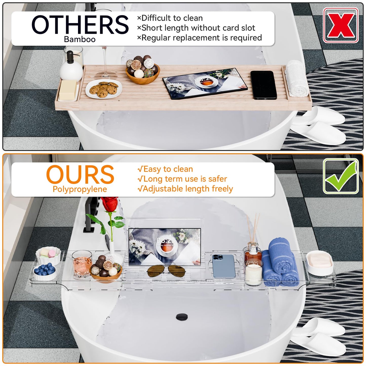 Yieach Luxury Clear Acrylic Bathtub Tray with Book Holder,Expandable Bath Tray for Tub and Bath Shelf Over Tub,Plastic Bath Table & Board,Bath Caddy Trays & Accessories for Women Relaxing Spa Gifts