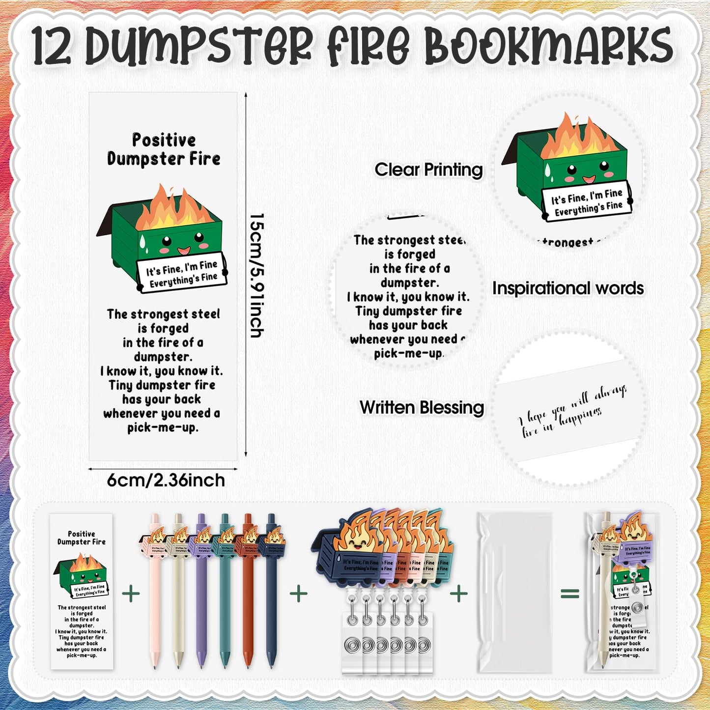 Sayglossy 12 Set Employee Appreciation Gift Bulk Dumpster Fire Badge Reel Funny Ballpoint Pen Saying Dumpster Fire ID Card Holder Thank You Card Emotional Social Worker Month Support Gift for Nurse