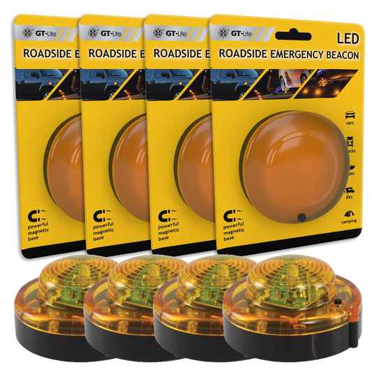 GT-Lite 4 Pack LED Emergency Beacon Yellow,Roadside Flare,Magnetic Base,2 Modes Flash and Steady,for Car Emergency Kit or Amish Buggy,RV,Boat,Crush Resistant,Water Resistant