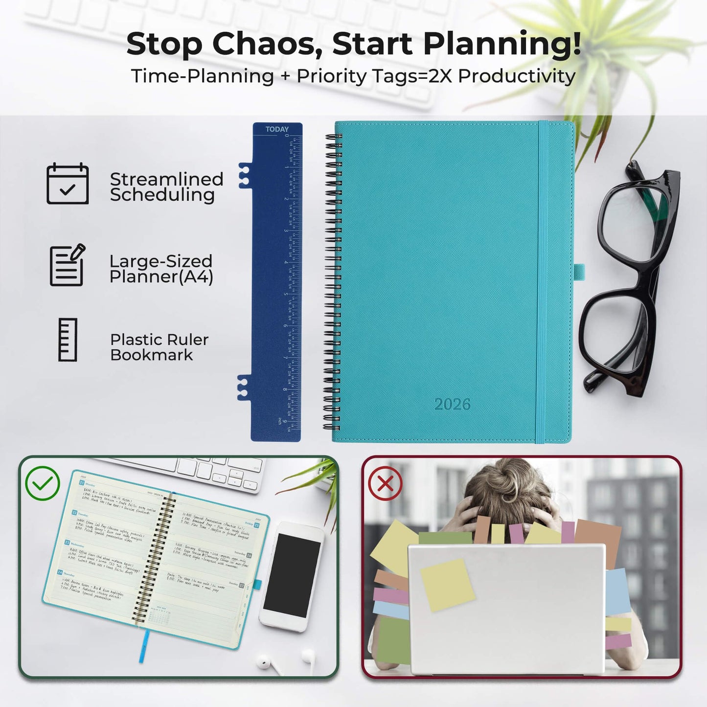 IN-LUXPRO Planner 2026 Daily Weekly and Monthly,11.5"x8.5",12 Months Spiral Bound Calendar Agenda with Self-adhesive Pen Holder,2026 Appointment Book with Vegan Leather Soft Cover,Light Blue