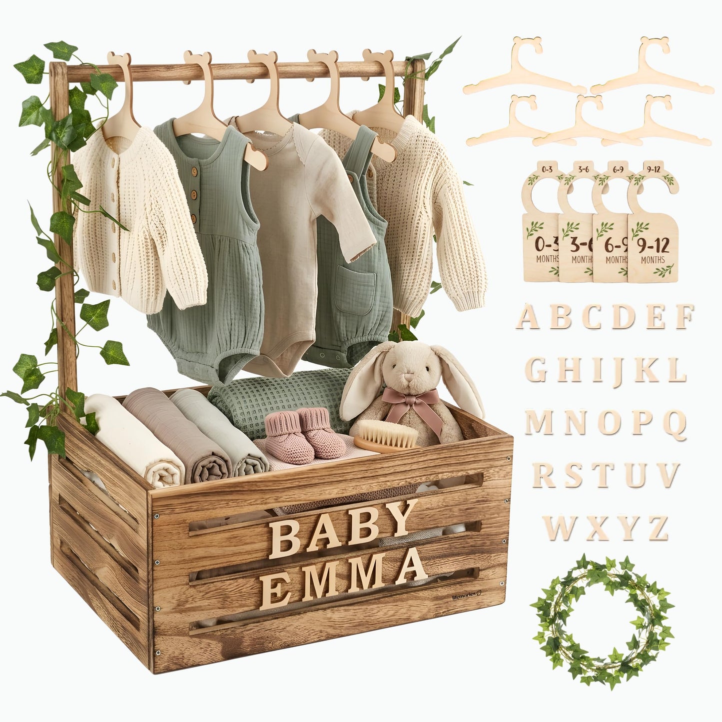 Lifemories Wooden Baby Shower Crate Closet & Basket with Hanger Rack - Customizable Gift Basket with 2x Alphabet Letter Sets, Hangers, Dividers, Ivy Garland,Nursery Decor Girls Boys(Rustic Burnt Wood)