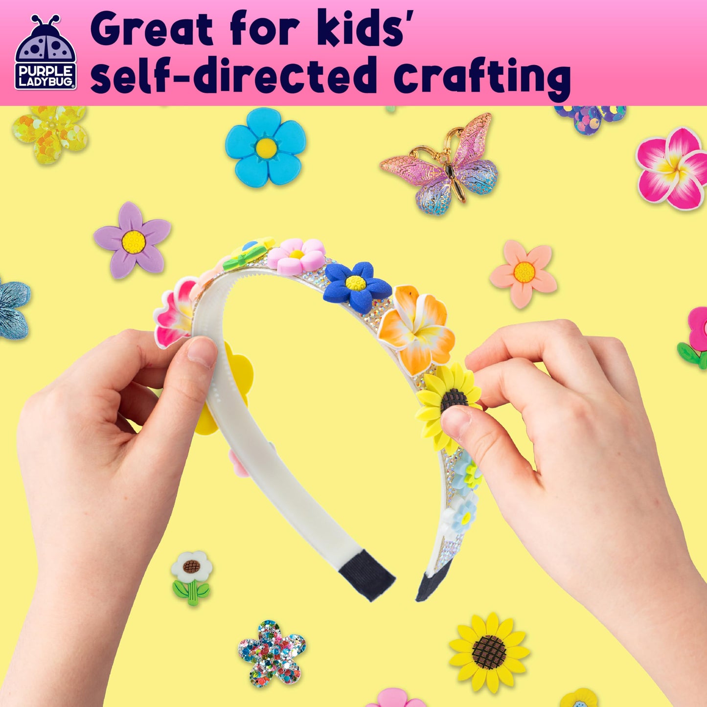 PURPLE LADYBUG Flower Headband Making Kit for Girls - Summer Toys for Kids Ages 4-8, Summer Crafts for Kids, 6 Year Old Girl Birthday Gift, Hair Accessories for Girls, Decorative Craft Activity Set