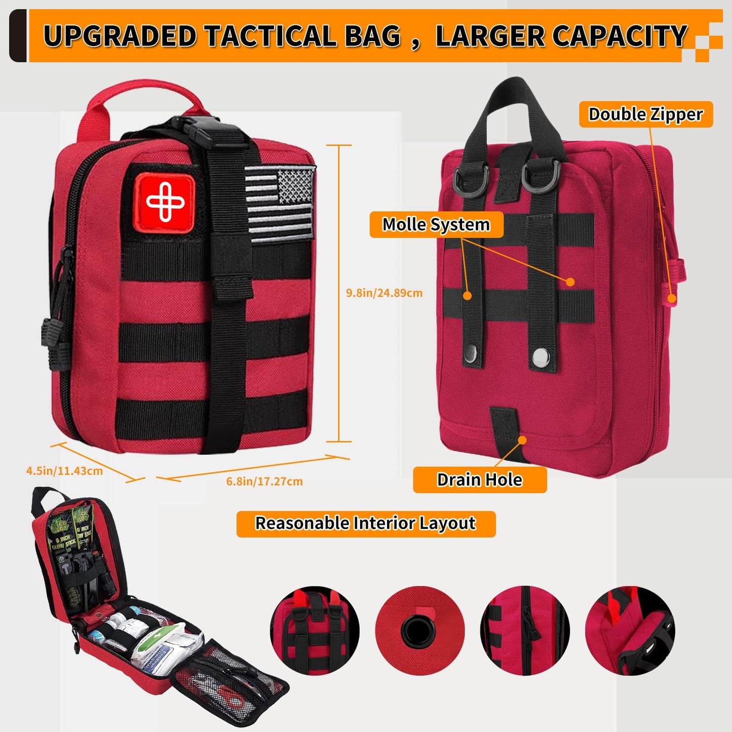 Survival Kit, Gifts for Men Women Teen Boys, 252 pcs Survival Gear and Equipment Mini First Aid Kit for Car Home, Emergency Kit with Molle System for Earthquake, Outdoor Adventure, Car Travel (Red)