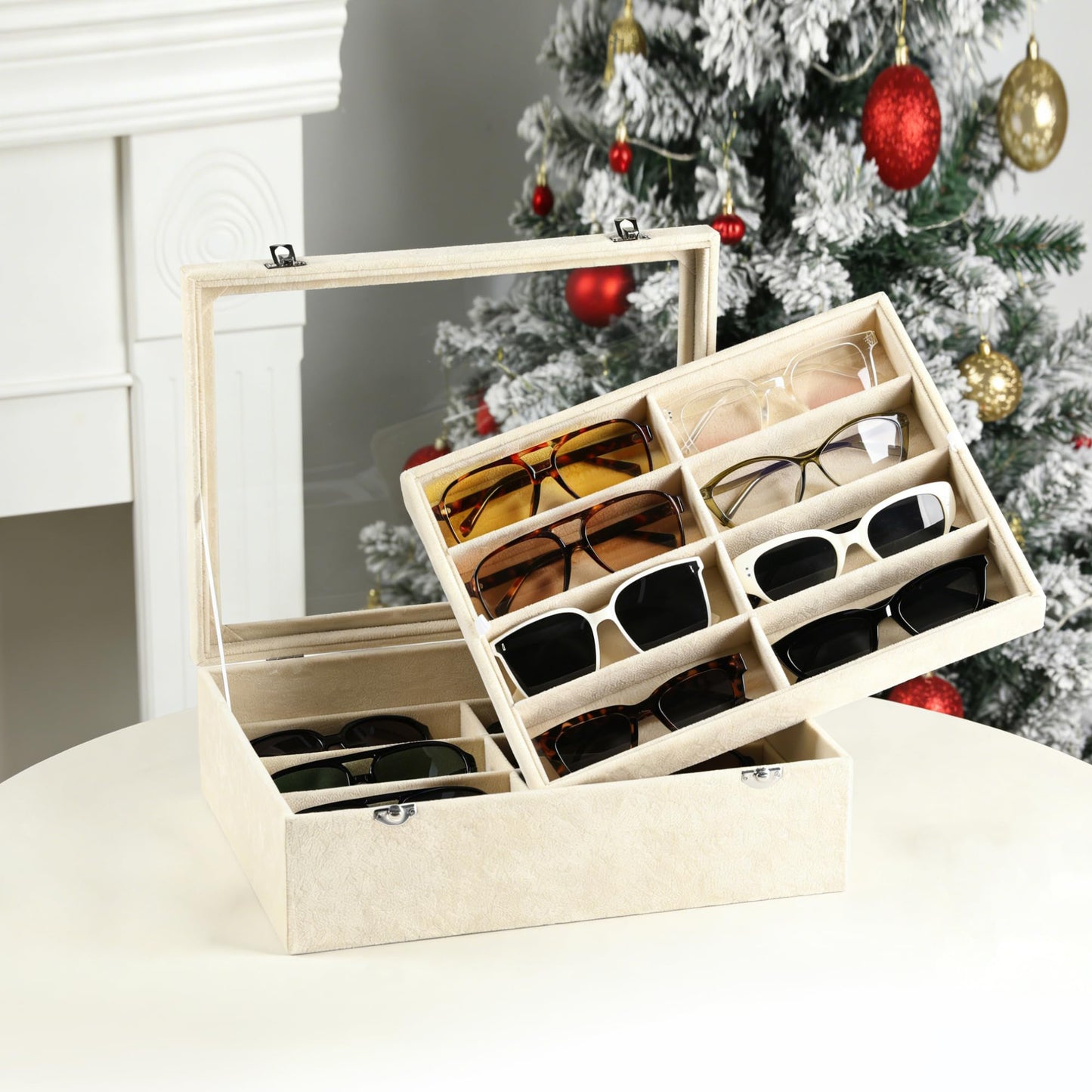 Frebeauty 16 Slots Sunglasses Organizer,2 Layer Velvet Sunglasses Tray with Glass Lid,Multiple Pairs Sunglass Display Case for Man or Woman,13.7 * 10.25 * 4.1 Inches Eyeglass/Eyewear Box (Grey)