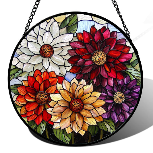 AMDERVEN Stained Glass Window Hanging, Colorful Flowers Sun Catcher for Window Door Home Decor Plant Suncatcher Christmas Mother's Day Birthday Gifts for Women Men Mom and Nana 9.8 in