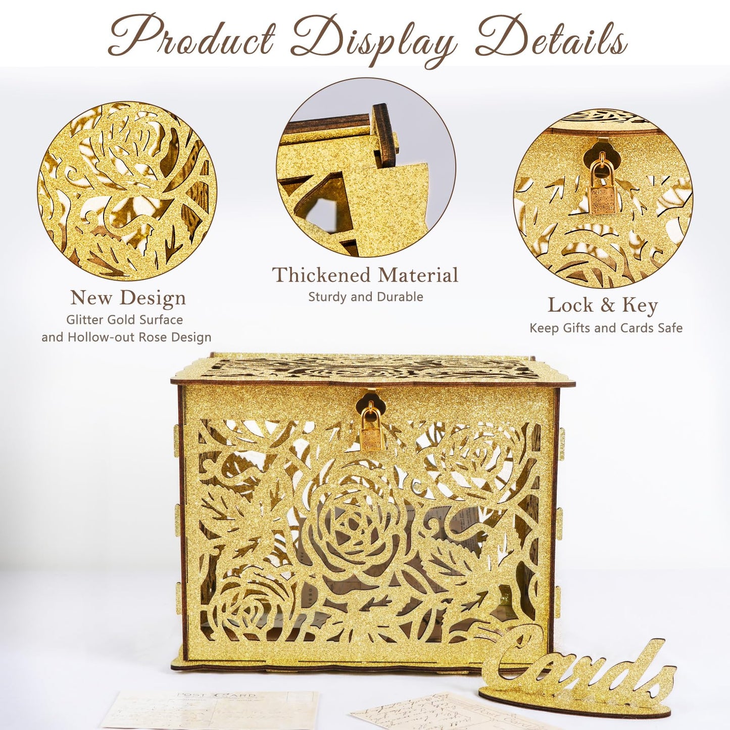 OurWarm Glittery Gold Wedding Card Box with Lock, Wood Gift Card Box for Reception, Money Honeymoon Fund Card Boxes for Baby Shower, Birthday, Graduation Party Rustic Wedding Decorations