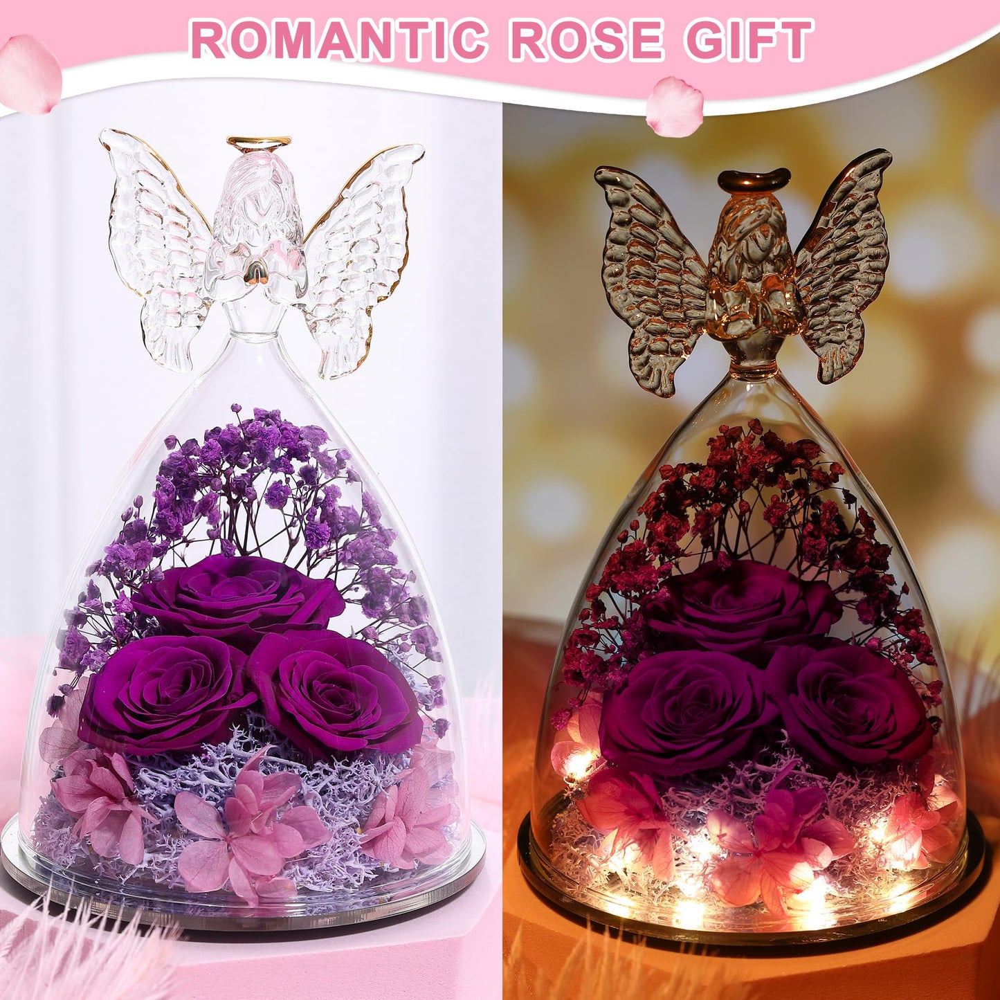 Tiaronics Mothers Day Rose Gifts for Women Preserved Real Flower in Glass Angel Figurines Roses for Delivery Prime Birthday Gifts for Mom Grandma Girlfriend Wife Her, Full Purple