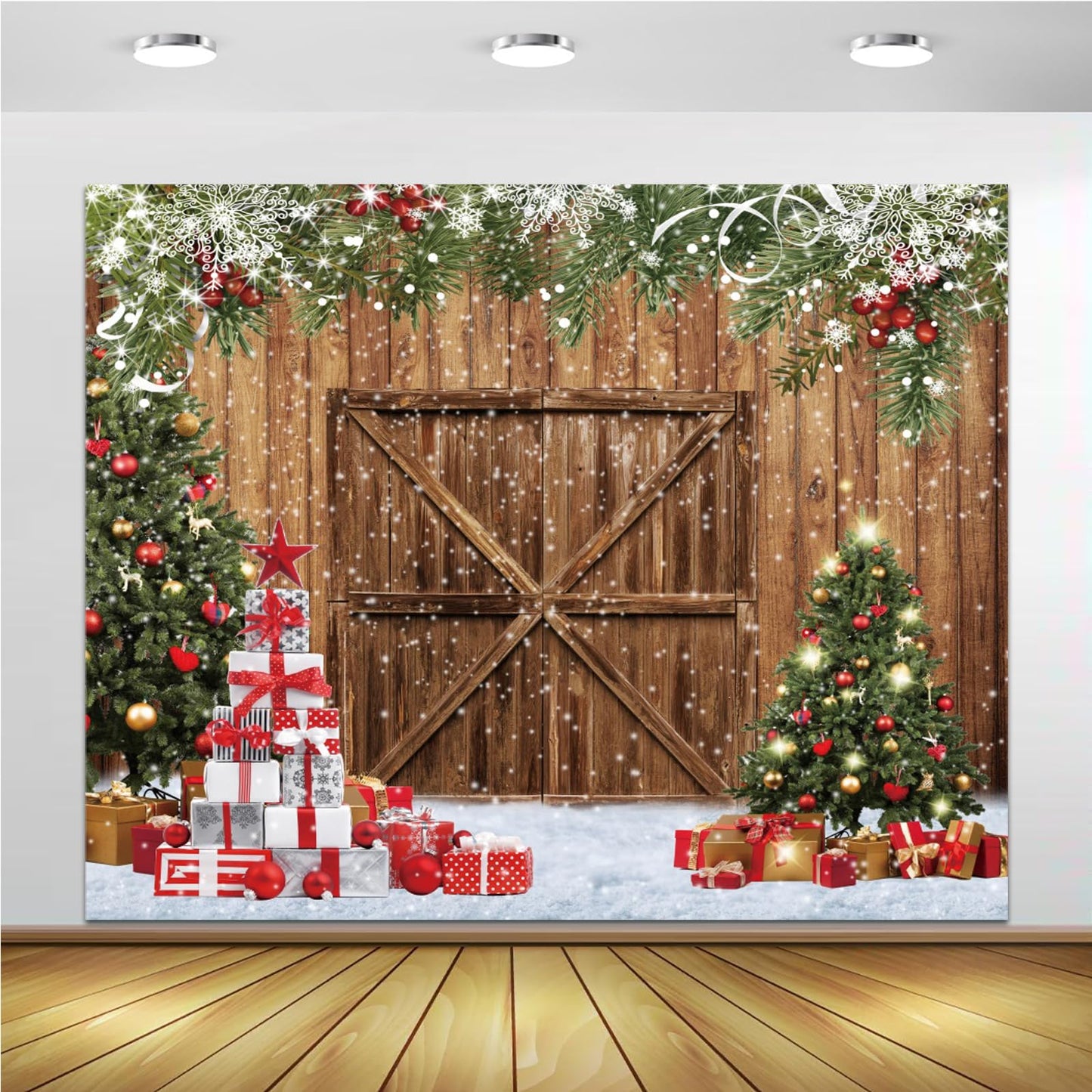 Merry Christmas Backdrop 10x10ft Xmas Tree Wood Barn Door Photography Backdrop Christmas Tree Wreath Gift Box Xmas Light Photoshoot Background New Year Xmas Party Decorations Backdrop Banner Supplies
