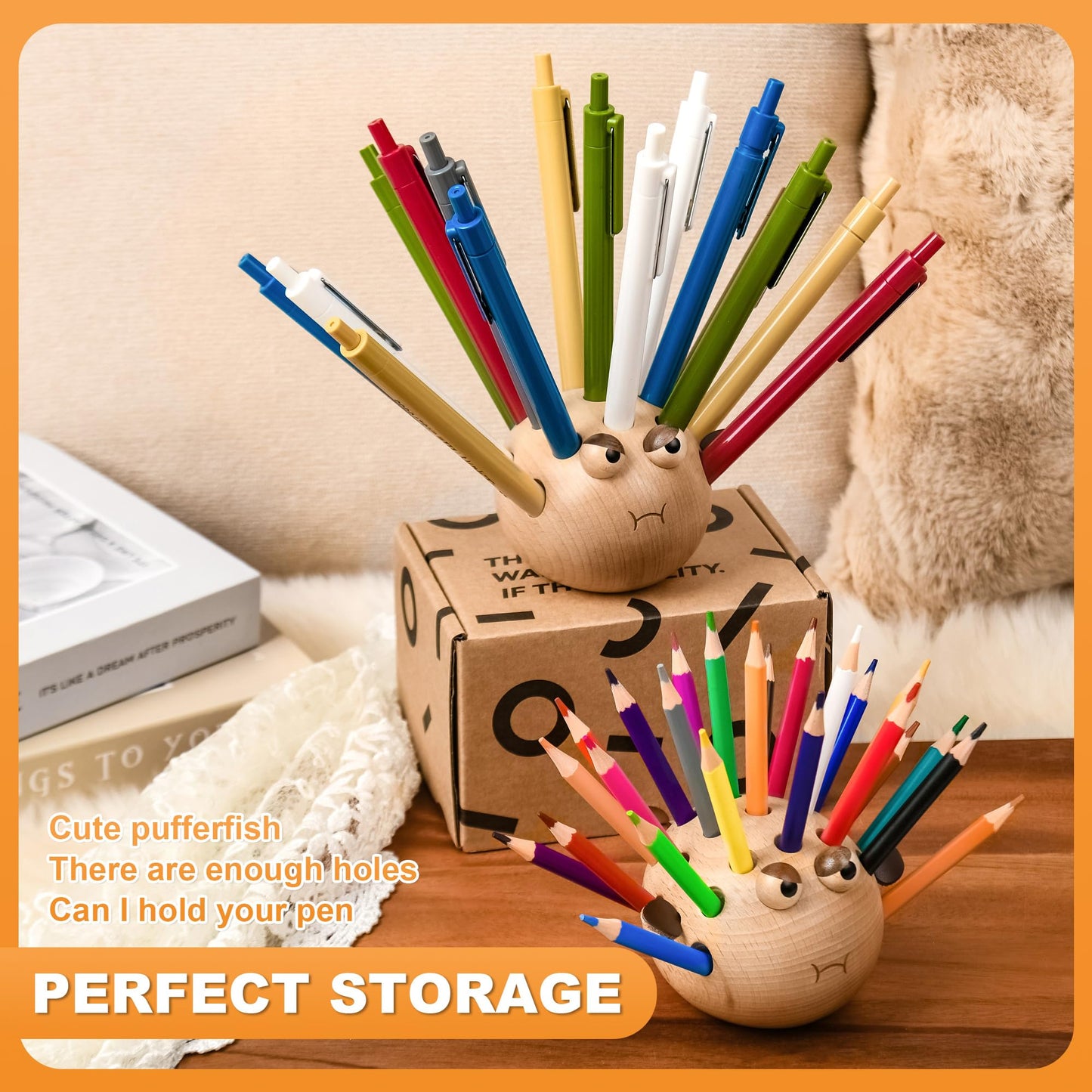 Damuzhi Pen Holder For Desk Pencil Holder Wooden Pufferfish- Funny Small Gifts For Kids, Unique Gifts For White Elephant Gift Steacher Gifts