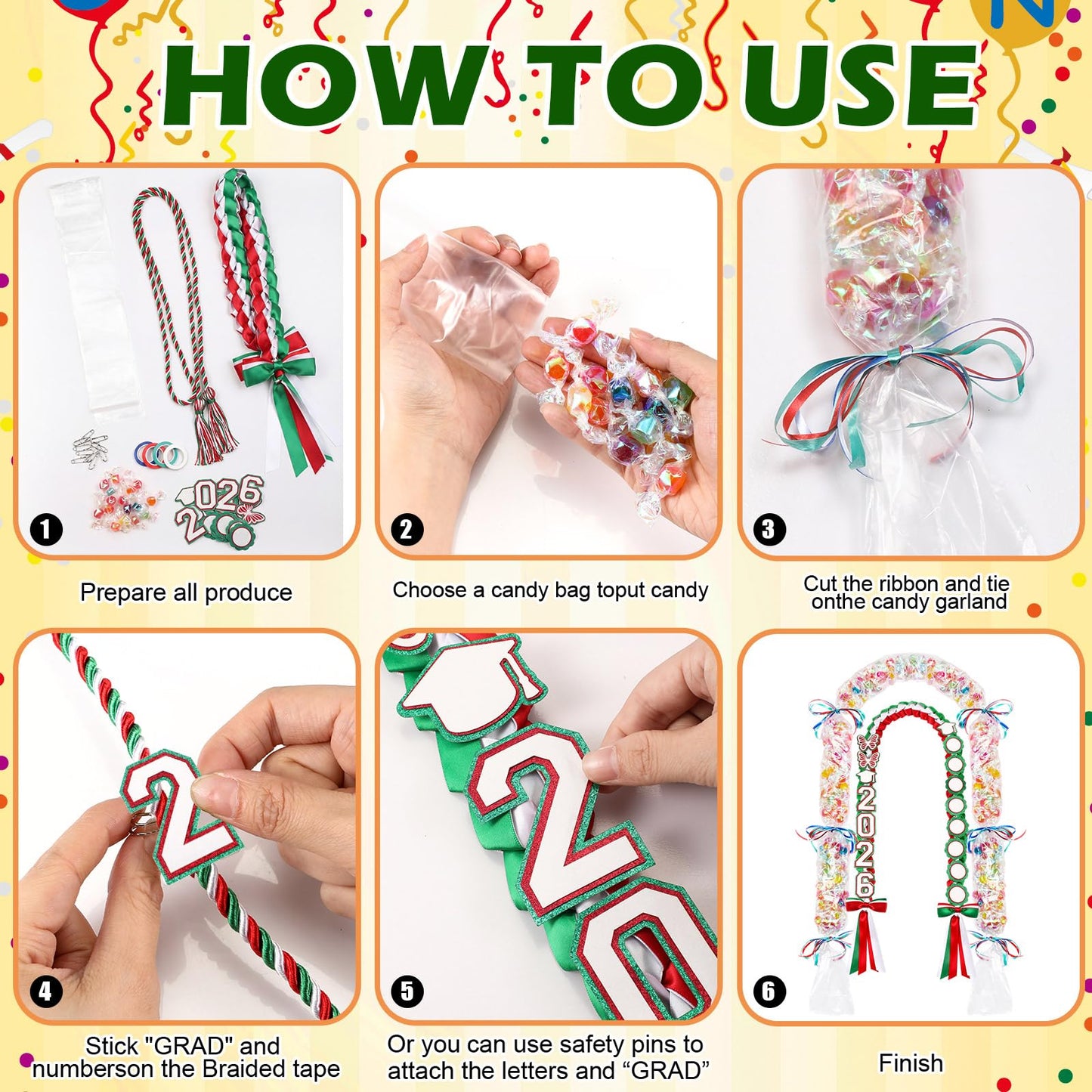 Lyrow Class of 2026 Mexican Graduation Leis Kit, Candy Leis for Graduation 2026 Green and Red Mexican Ribbon Double Lei Necklace Party Accessories