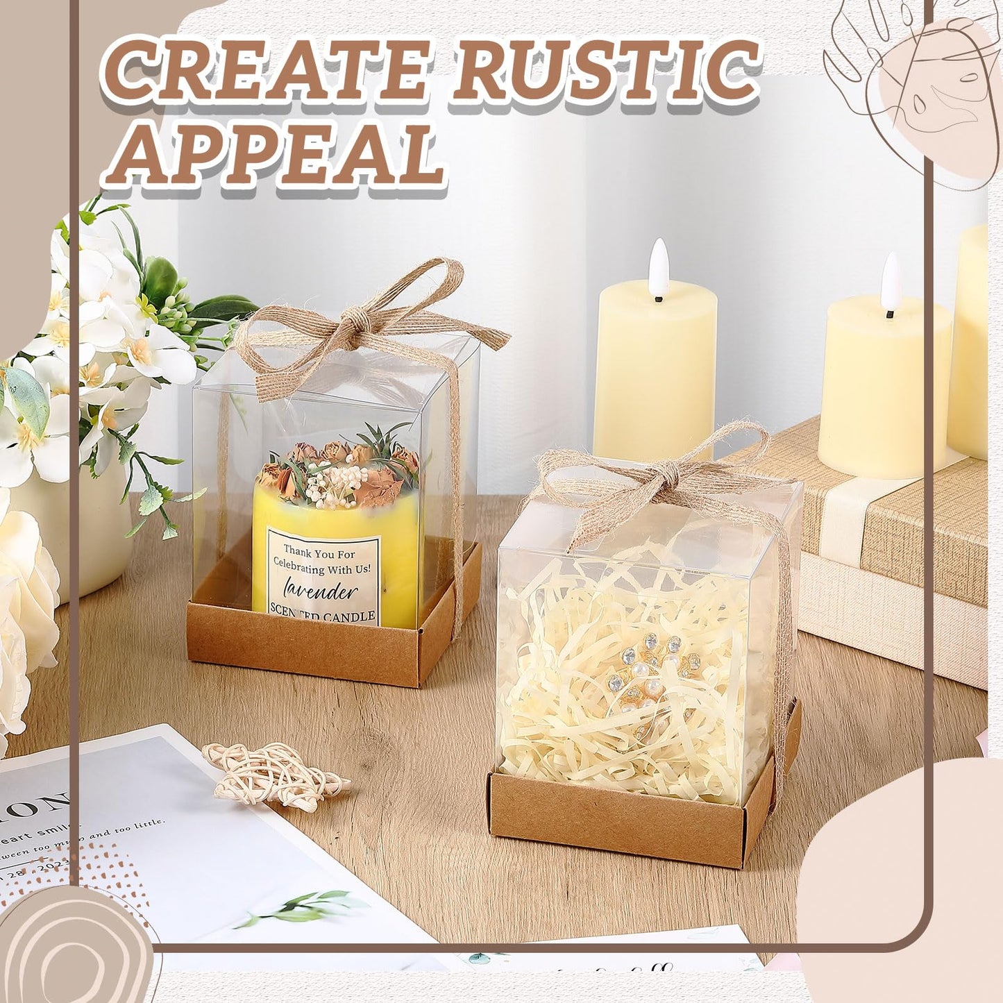 Cunno 24 Sets 3.5 x 3.5 x 4.3 in Candle Gift Package Valentine's Transparent Box 4-18 oz Handmade Tealight Candle Holder Paper Bottom Ribbon for Wedding Baby Shower Party Mug (Brown)