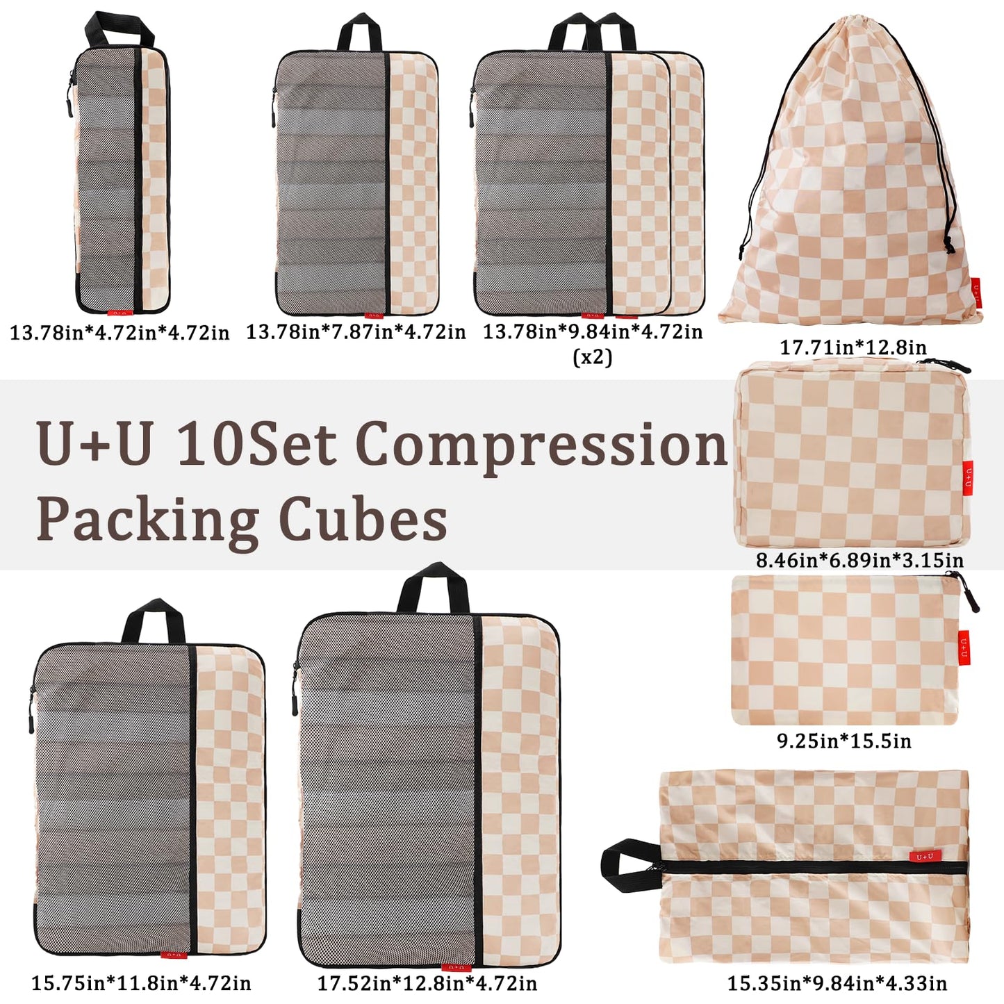 U+U 10 Set Compression Packing Cubes - Ultralight Travel Organizers with Laundry Bag and Cosmetic Bag, Space-Saving Suitcase Organizer for Travel, Business Trip and Family Vacation (Khaki Checkered)