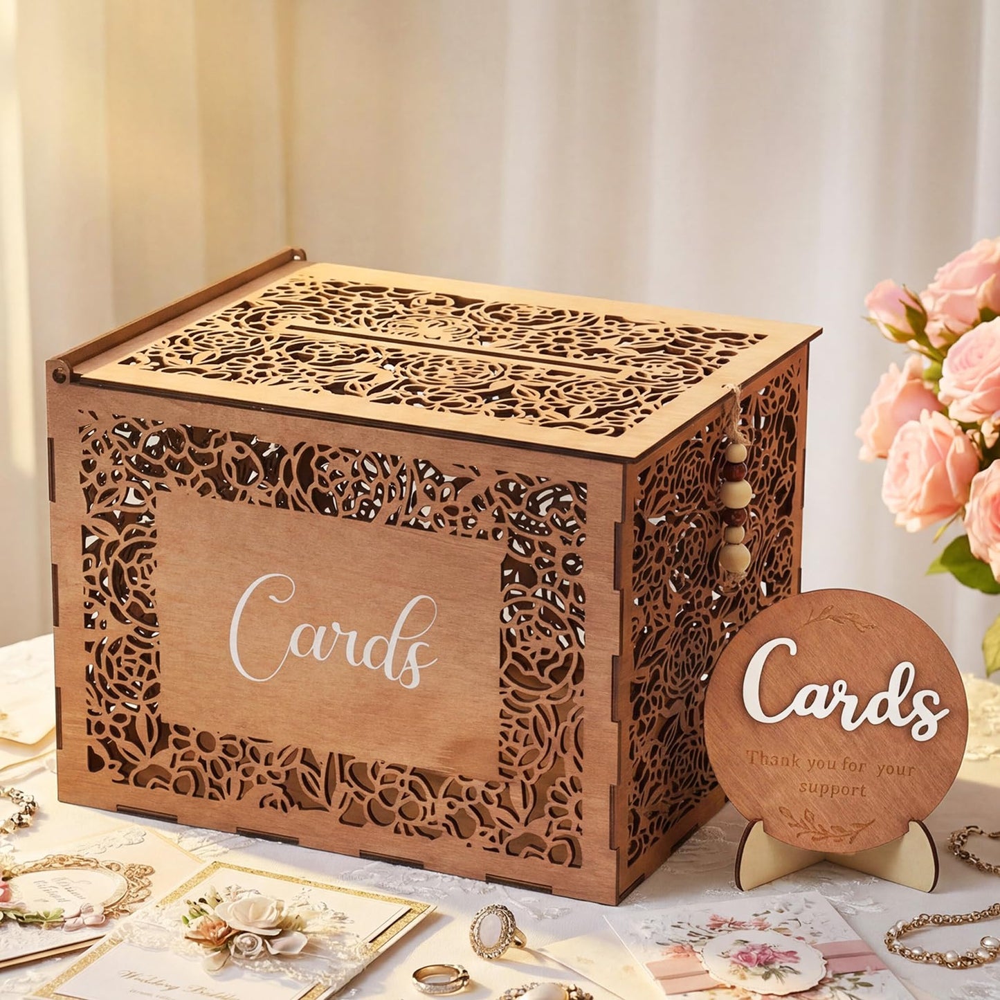 Ferrochef Wedding Card Box with Sign Boho Rustic Wood Gift Card Box Vintage Money Cards Holder for Wedding Baby Shower Graduation(Flower,Brown,11.4 x 9 x 8.5 Inches)