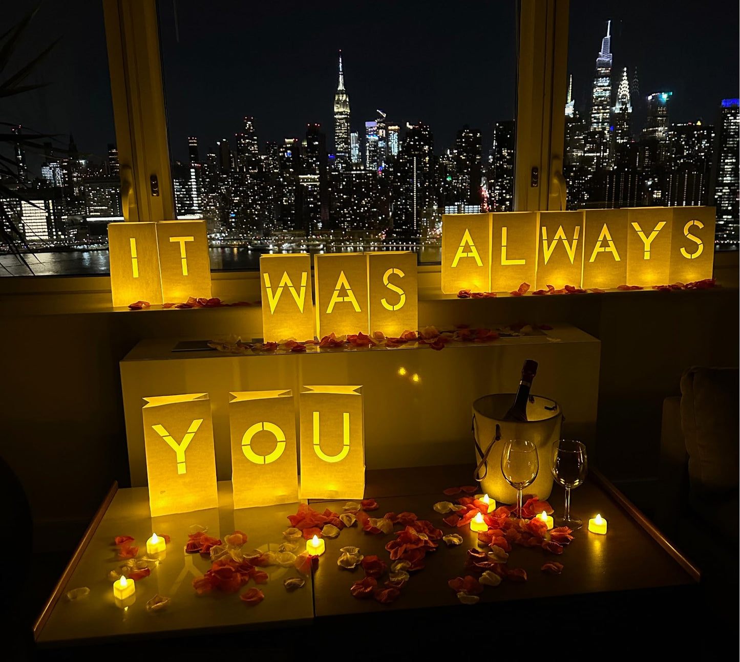 WYMM It Was Always You Light Up Letters with 30 Tea Lights Candles and 1000 Red & Pink Rose Petals - Luminary Bags Engagement Party Decorations & Anniversary Decorations Ideal Gift For Men & Women