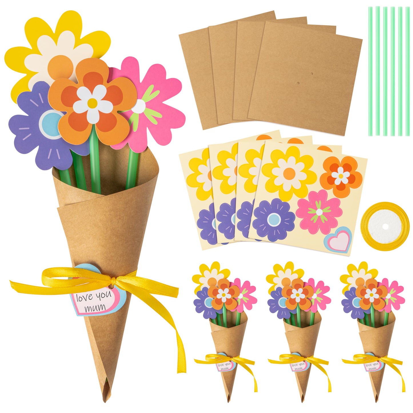 BeYumi Flower Bouquet Craft Kit - 48Pcs Mother's Day Flower Bouquet Craft for Kids Make Your Own Bunch of Flowers Teacher Appreciation Week DIY Thankful Gift Set School Classroom Home Fun Activities